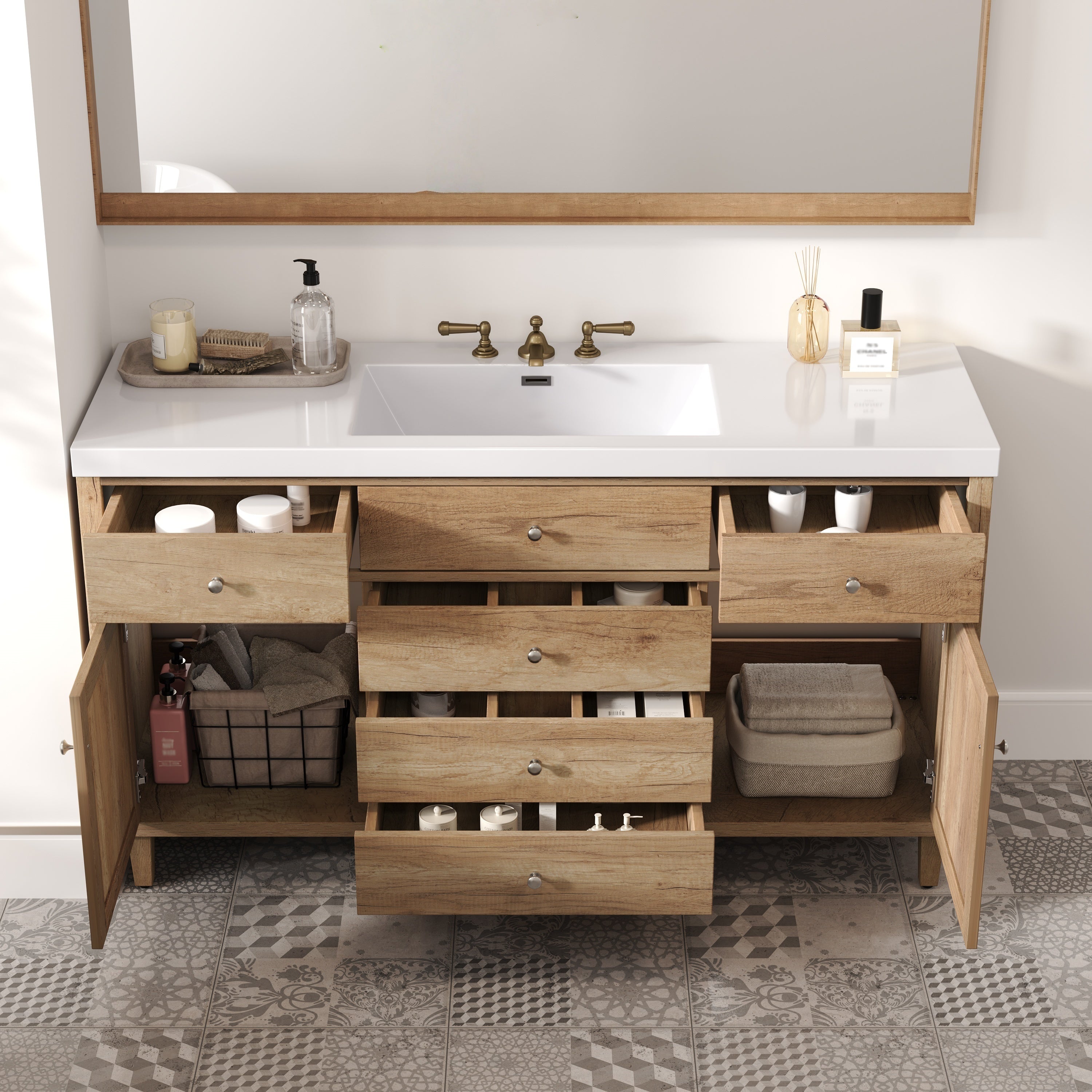 Natural wood grain bathroom vanity with SMC sink and rattan doors — image 6