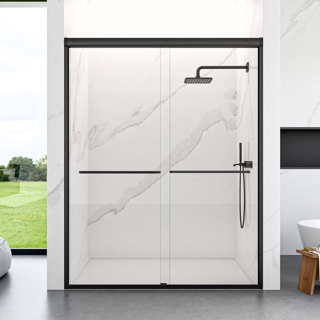 KZG modern semi-frameless double sliding shower door in matte black, 56-60 in. wide with 1/4 in. tempered glass — image 2