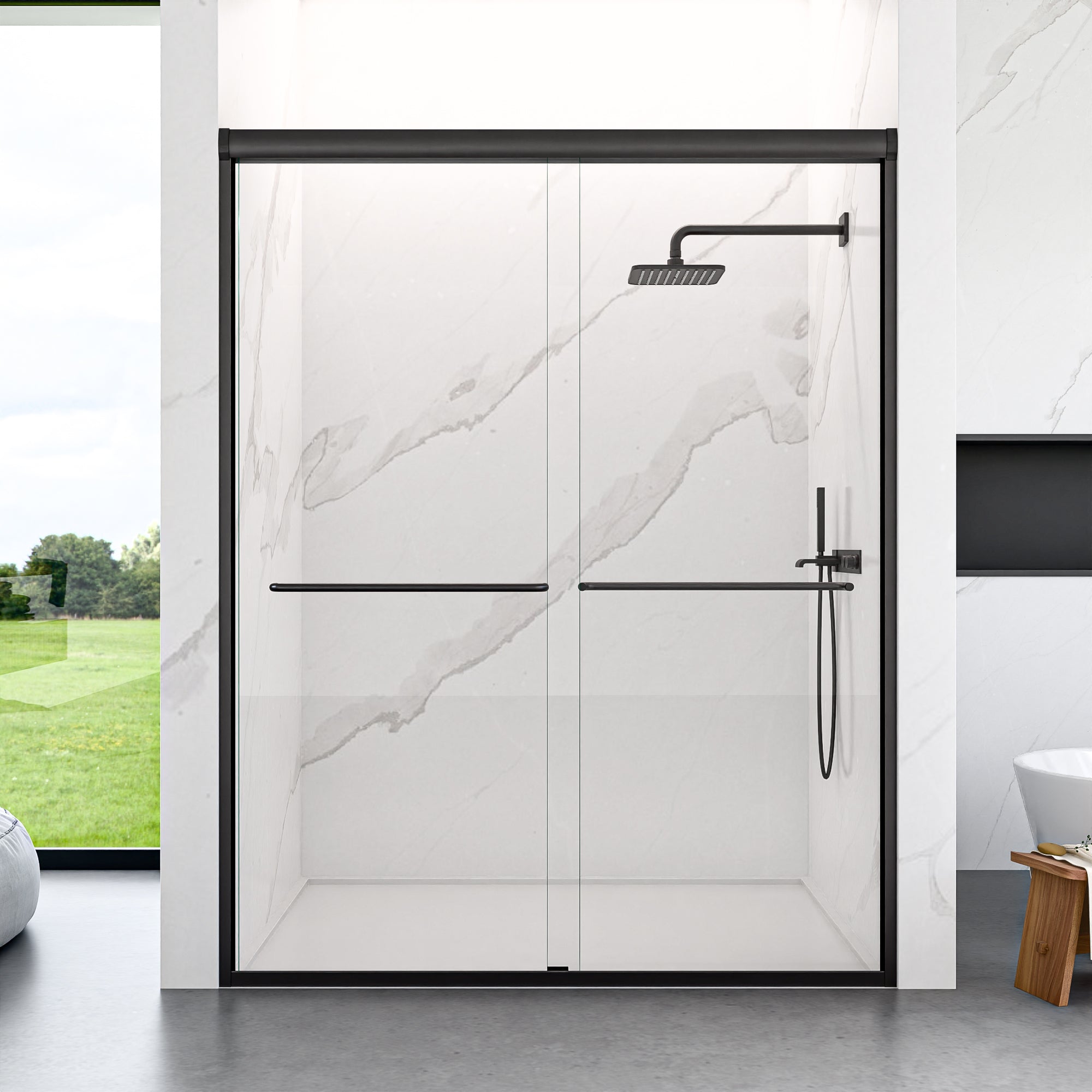 KZG modern semi-frameless double sliding shower door in matte black, 56-60 in. wide with 1/4 in. tempered glass — image 2