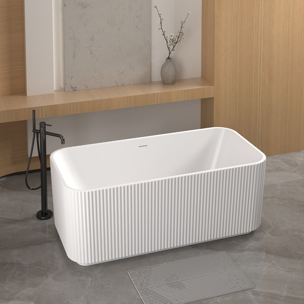 KZG 59 in. rectangle linear acrylic freestanding soaker tub in glossy white with chrome pop-up drain — image 4