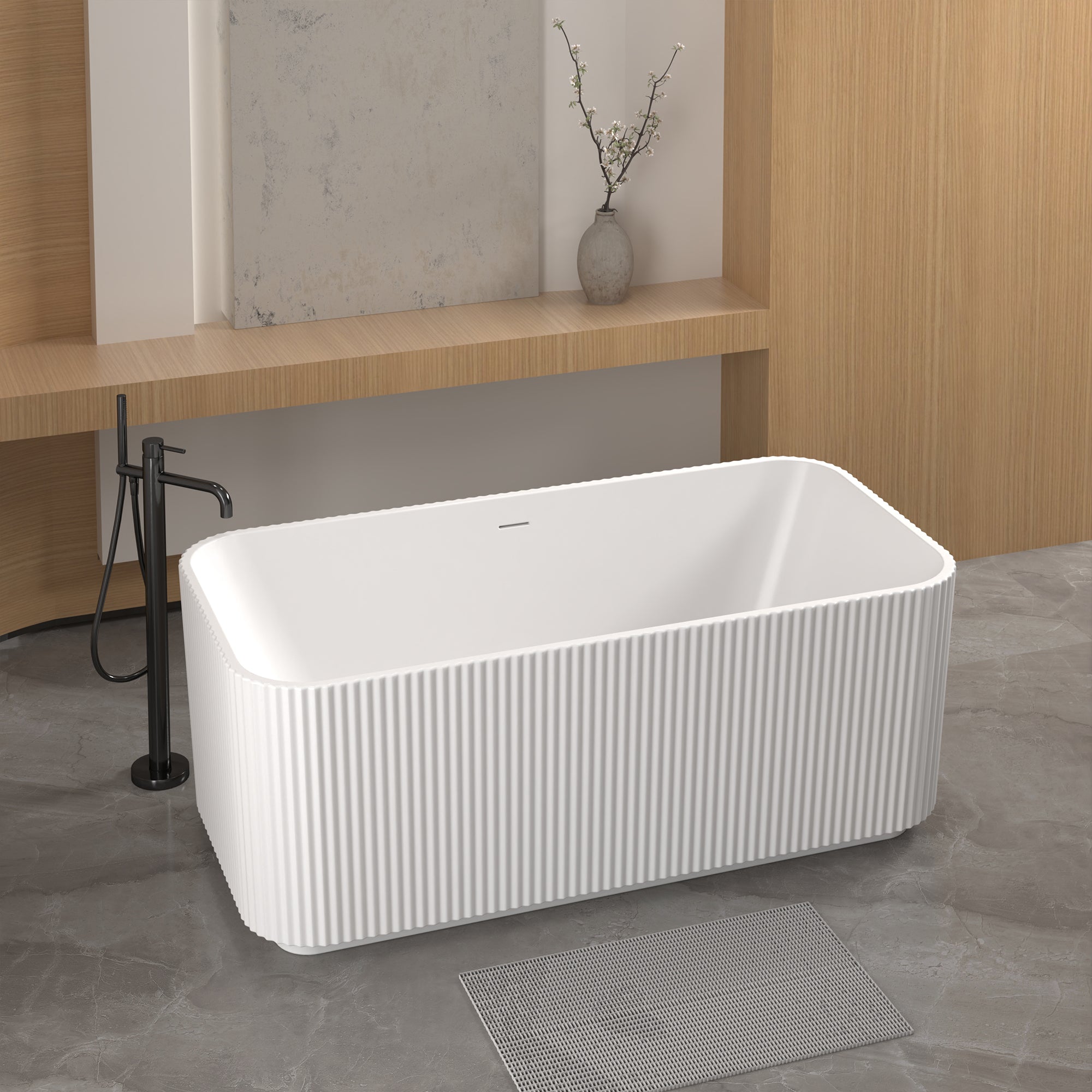 KZG 59 in. rectangle linear acrylic freestanding soaker tub in glossy white with chrome pop-up drain — image 4