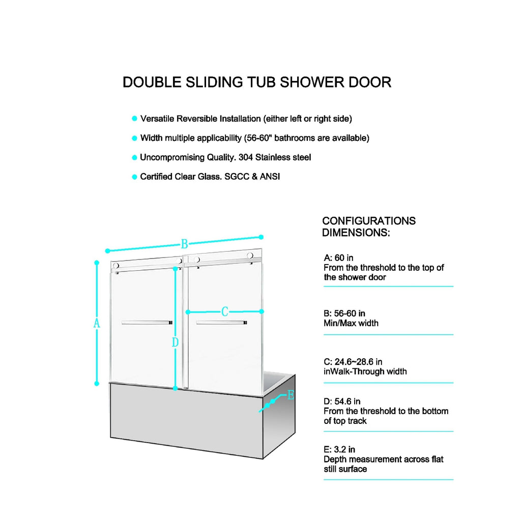 KZG 56-60 in. frameless double sliding tub shower door, matte black stainless steel with clear tempered glass — image 2