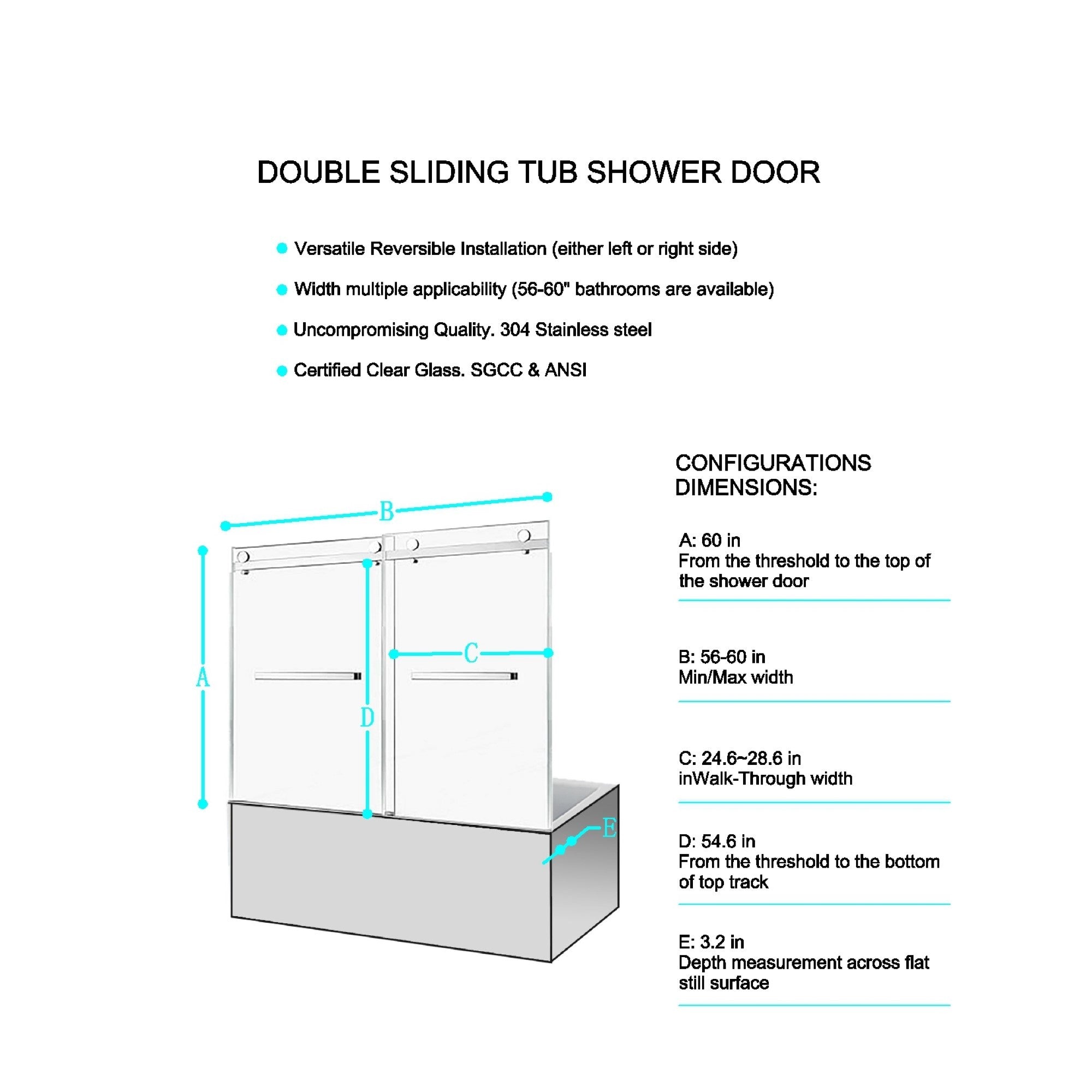 KZG 56-60 in. frameless double sliding tub shower door, matte black stainless steel with clear tempered glass — image 2