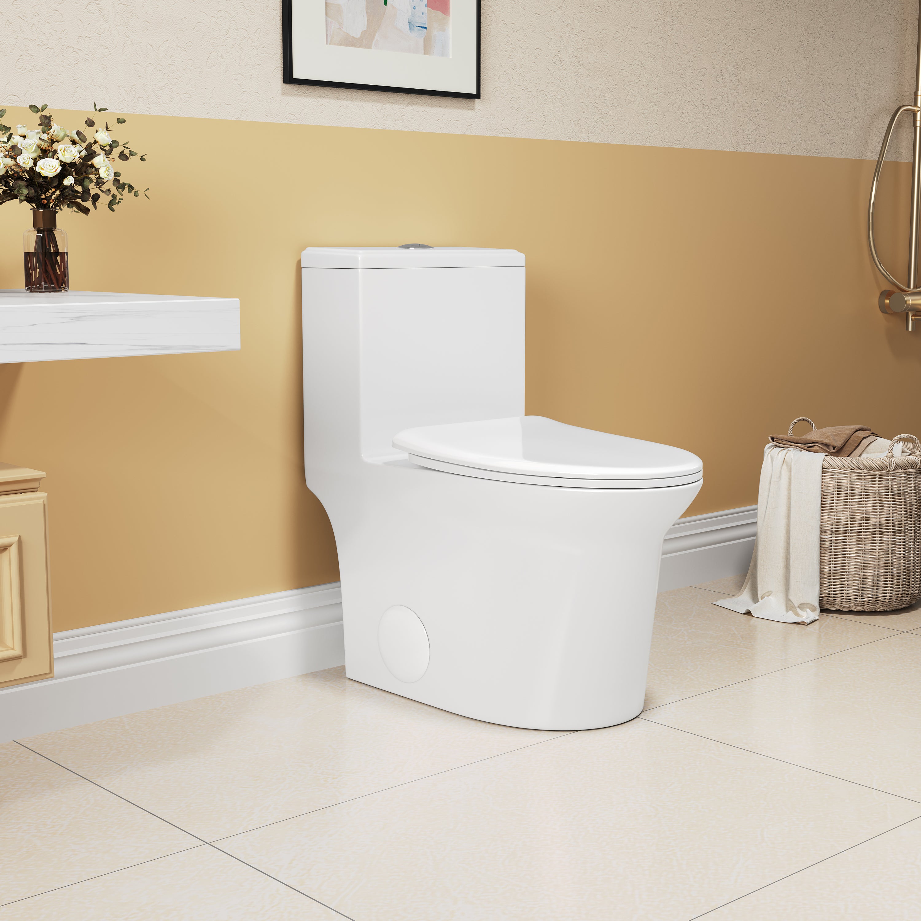 KZG elongated comfort height one-piece toilet in white ceramic with soft close seat — image 5
