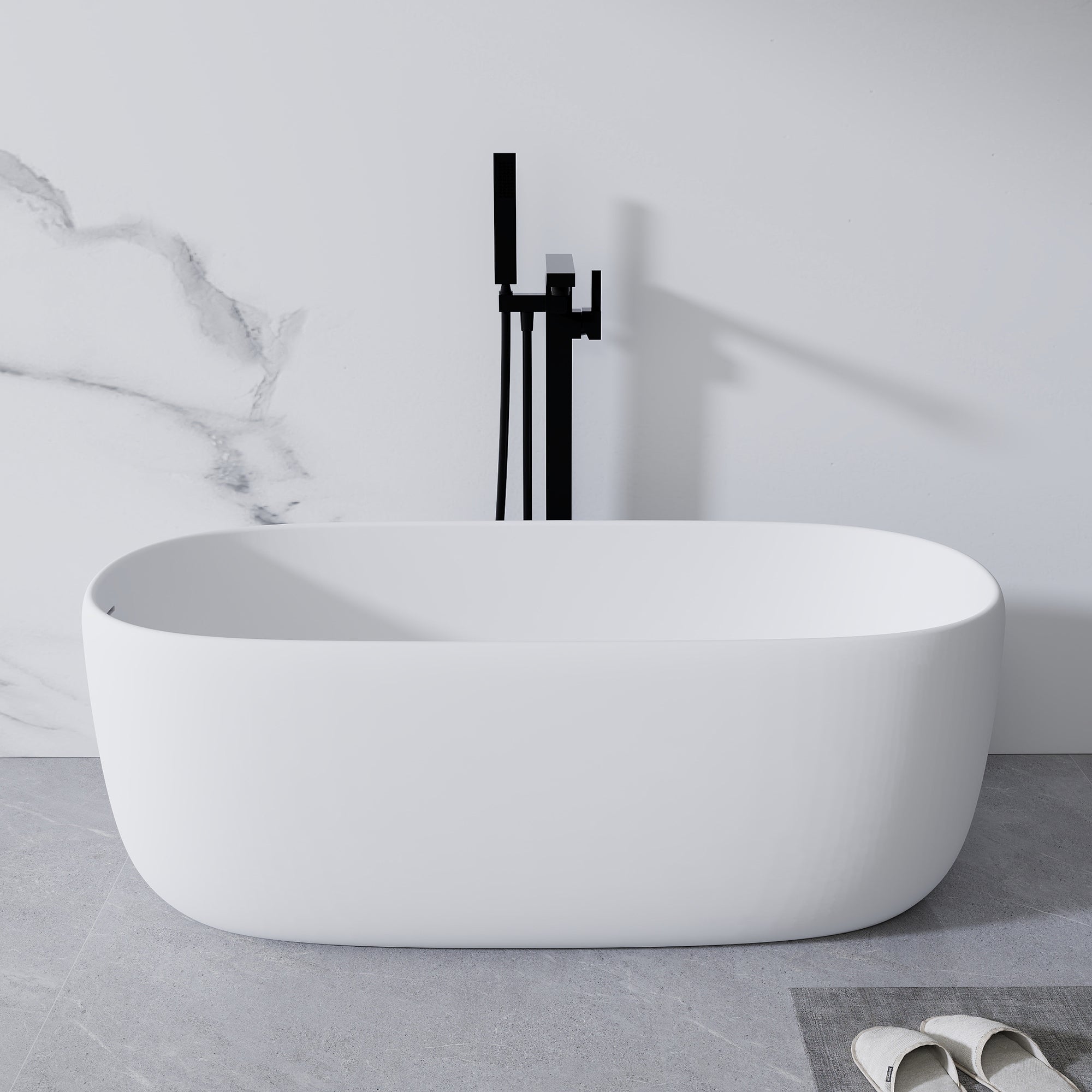 KZG 51-inch freestanding soaking bathtub in matte white solid surface with overflow and pop-up drain — image 1