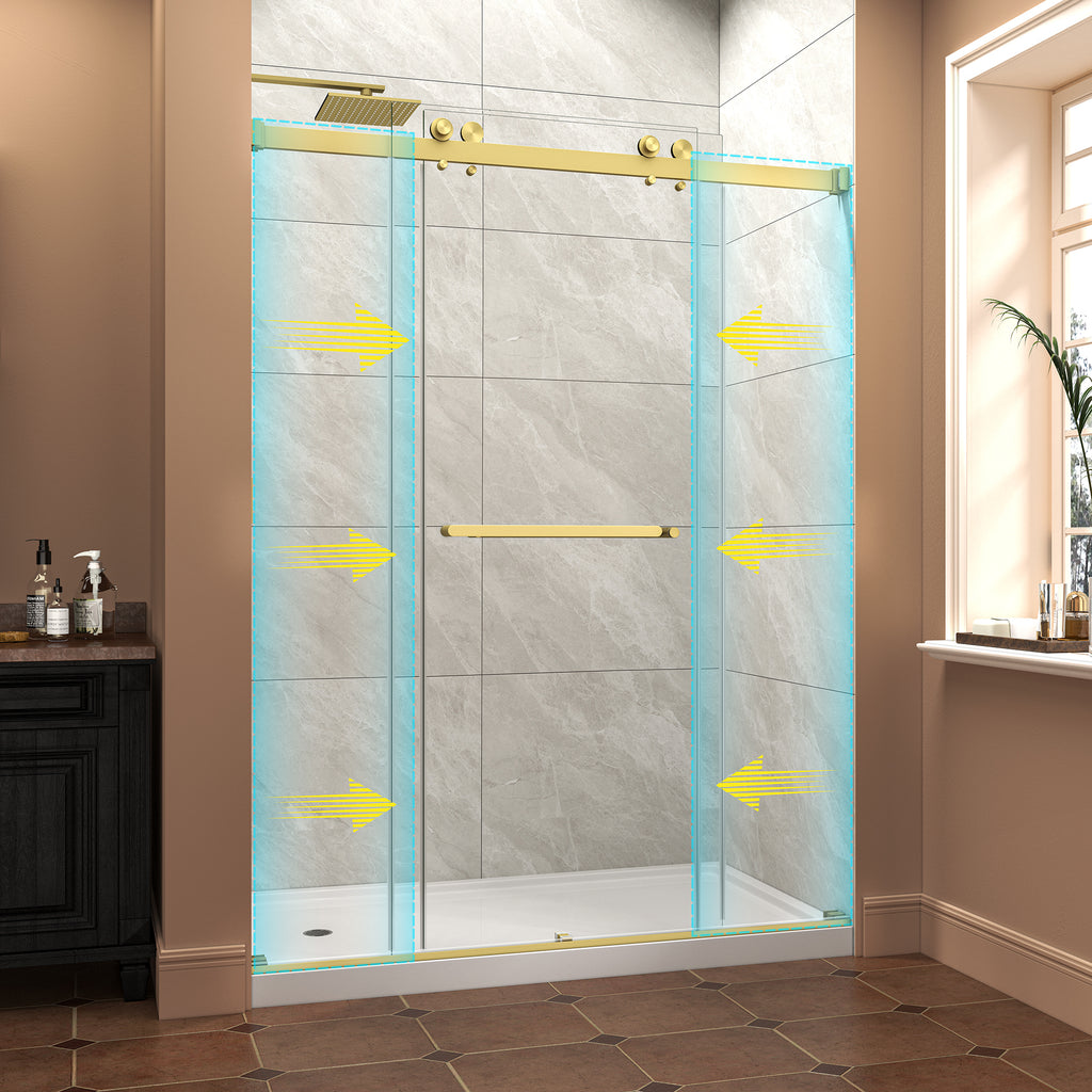 KZG brushed gold frameless bypass sliding shower door, 55–60 in. wide, 76 in. tall — image 2