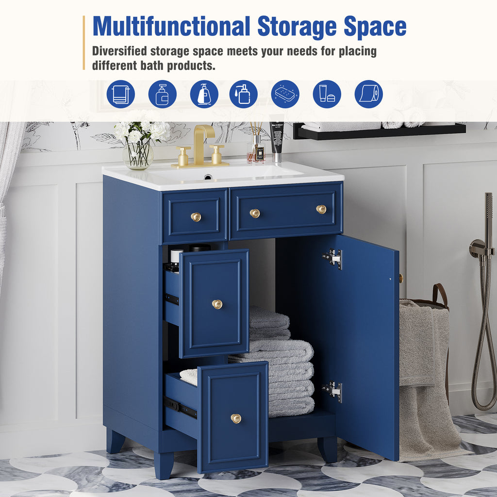 Blue vanity cabinet with ceramic sink, 24-inch width — image 7