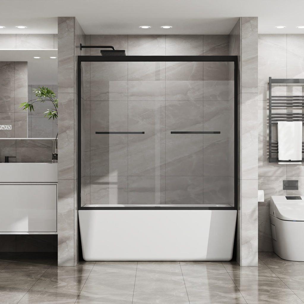 Matte black sliding shower door with clear tempered glass, 60 × 58 in. — image 2