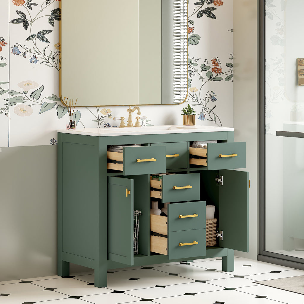 KZG 36in modern green bathroom vanity with ceramic sink and soft-close doors — image 4