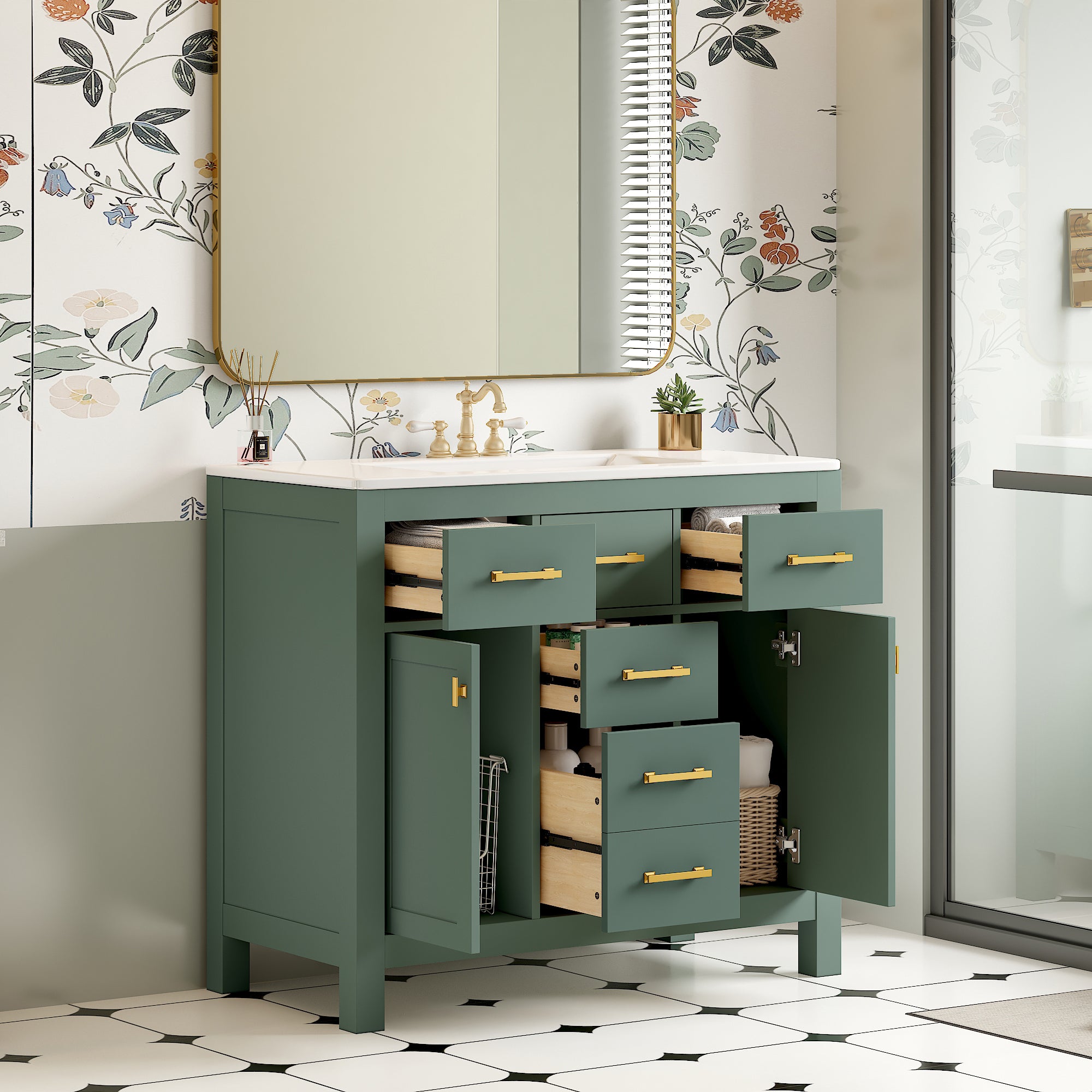 KZG 36in modern green bathroom vanity with ceramic sink and soft-close doors — image 4