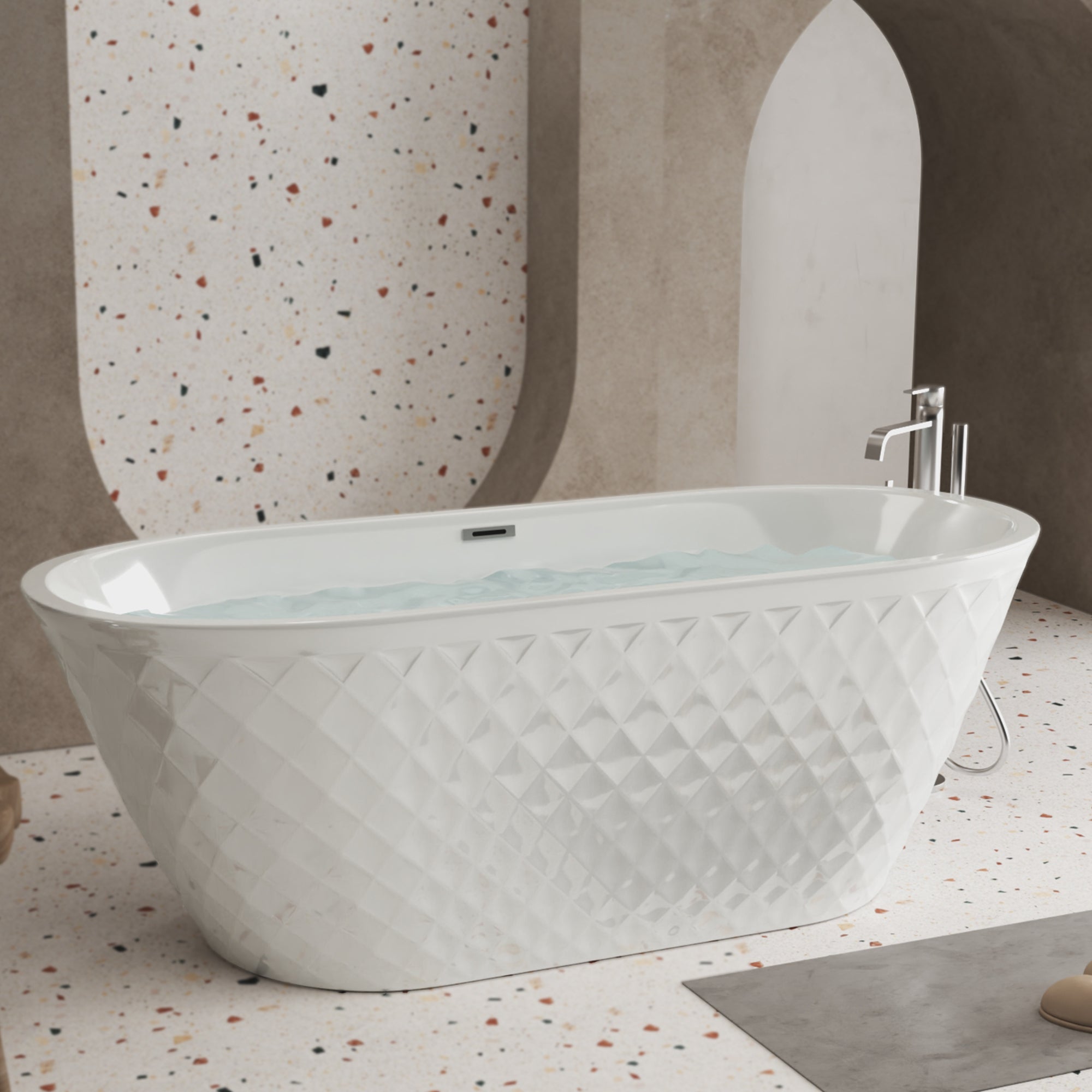 KZG 59-inch oval freestanding acrylic soaking tub in gloss white with chrome overflow and pop-up drain — image 2