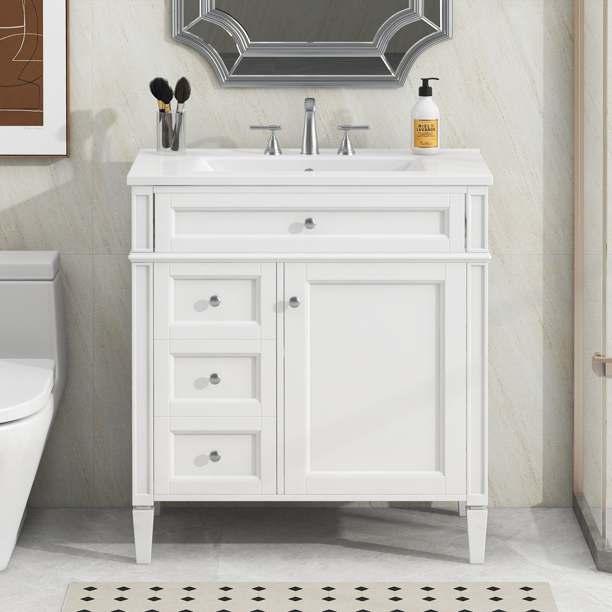 White ceramic bathroom vanity with drawers — 30 inch — image 6