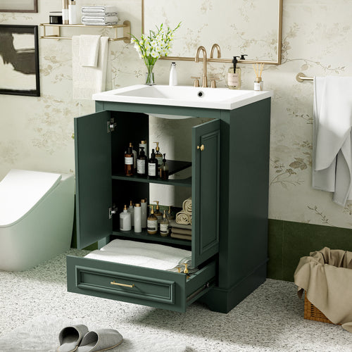 Green modern bathroom vanity with ceramic sink, silver handles, soft-close doors — image 4