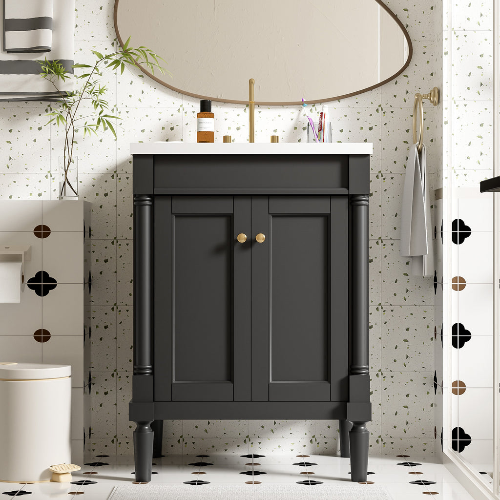 Matte black bathroom vanity with ceramic basin, 24 inches — image 2
