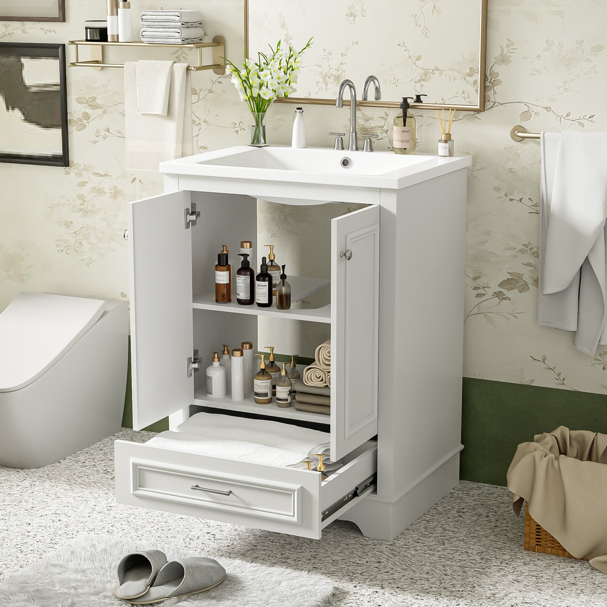 KZG 24 in. modern white bathroom vanity with ceramic sink and soft-closing doors — image 4