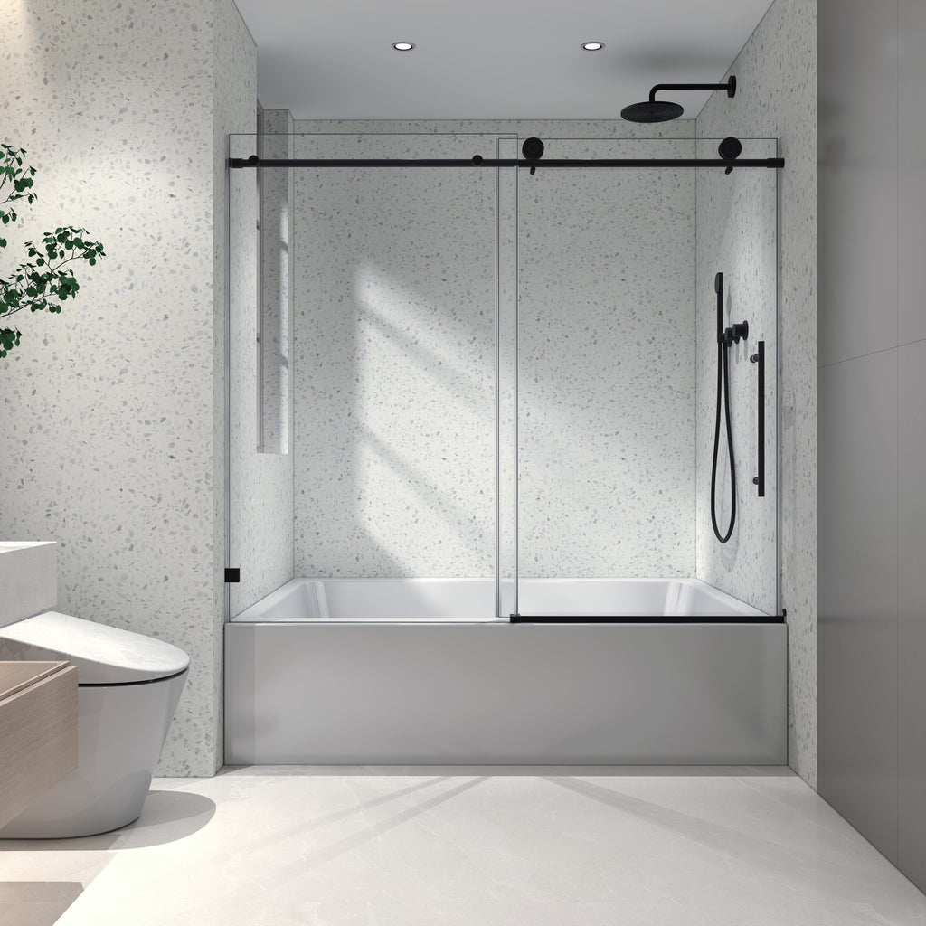 KZG matte black frameless sliding shower door with adjustable soft-close pulleys — image 1