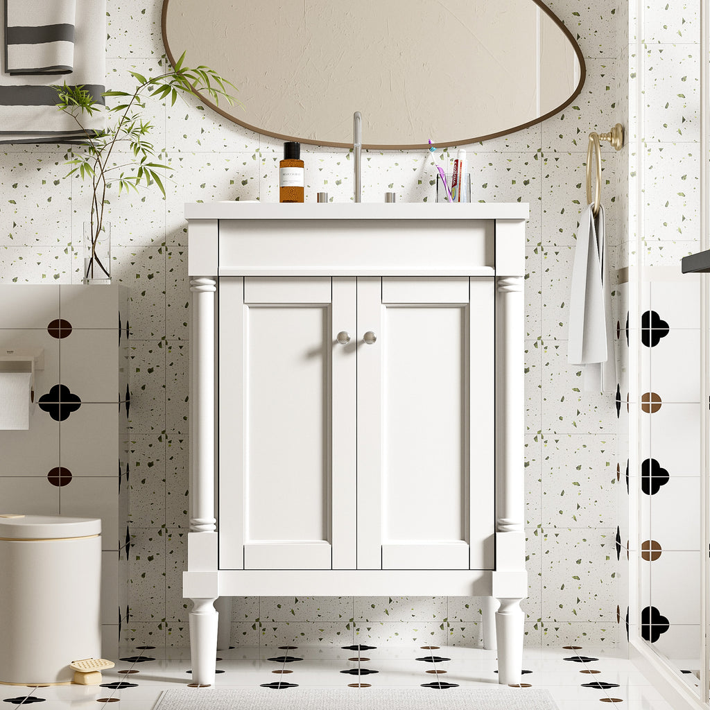 KZG modern 24 in. white bathroom vanity with ceramic basin and two-tier storage — image 2