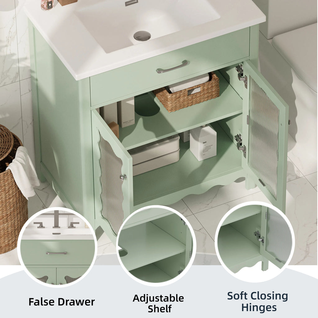 KZG modern green bathroom vanity 31 in. with tempered glass doors and rubber wood legs — image 6