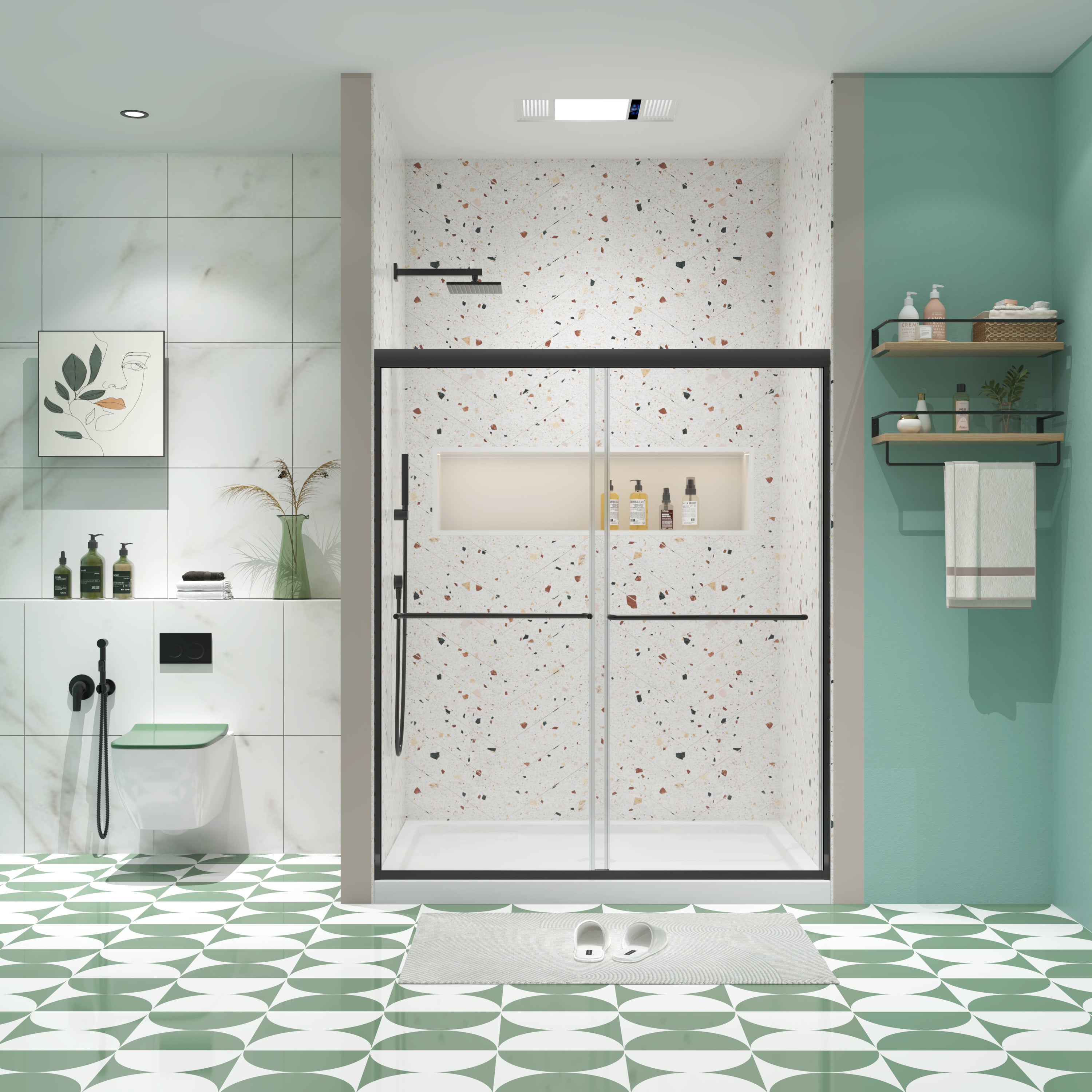 Matte black bypass sliding shower door with tempered glass — image 1