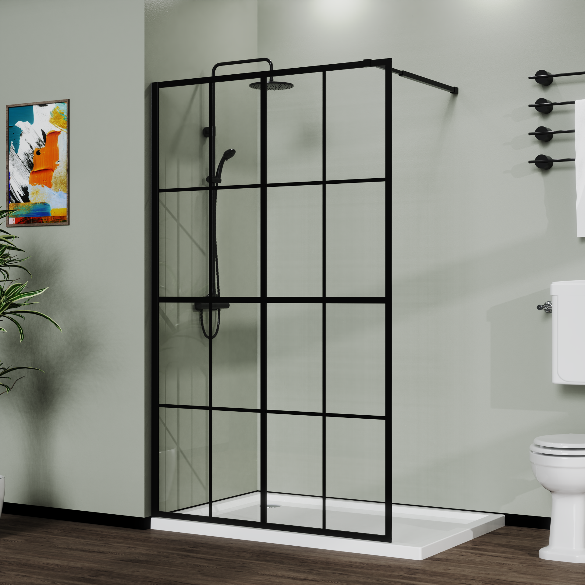 Matte black frameless shower screen panel, 46 in. × 72 in. wet-room style — image 2