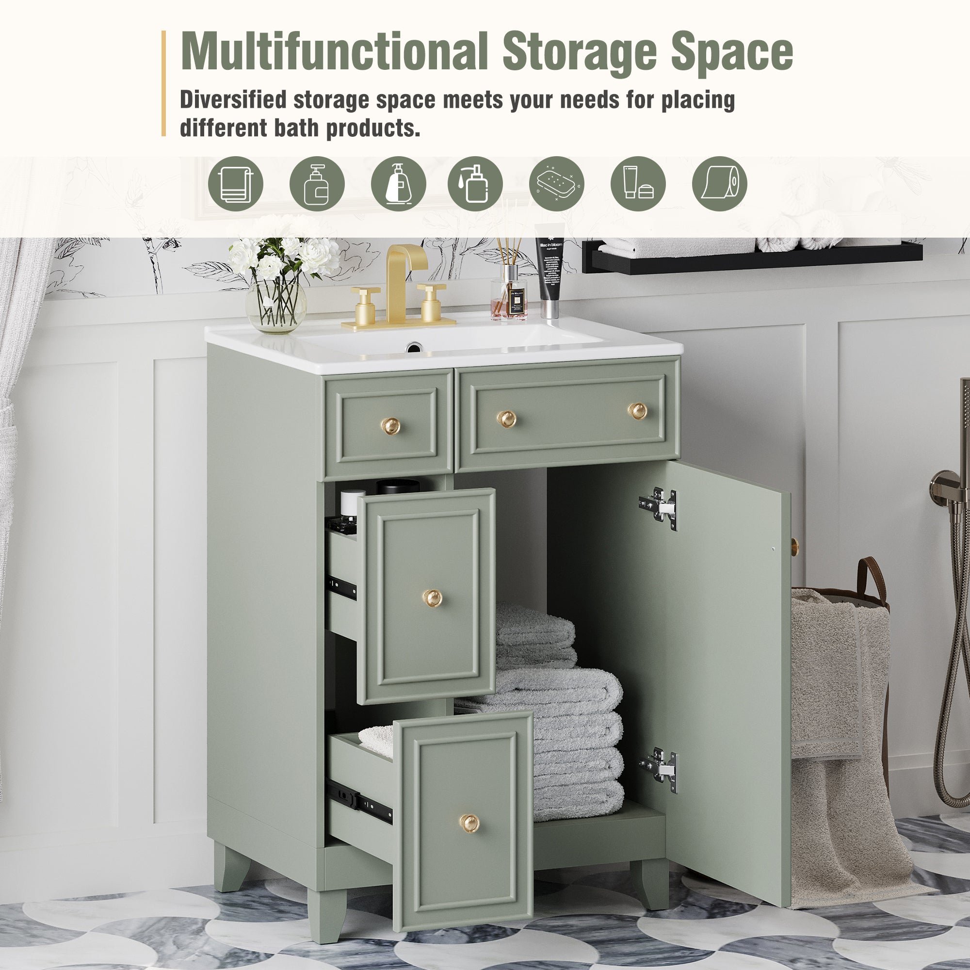 KZG 24-inch green transitional bathroom vanity cabinet with ceramic sink — image 7
