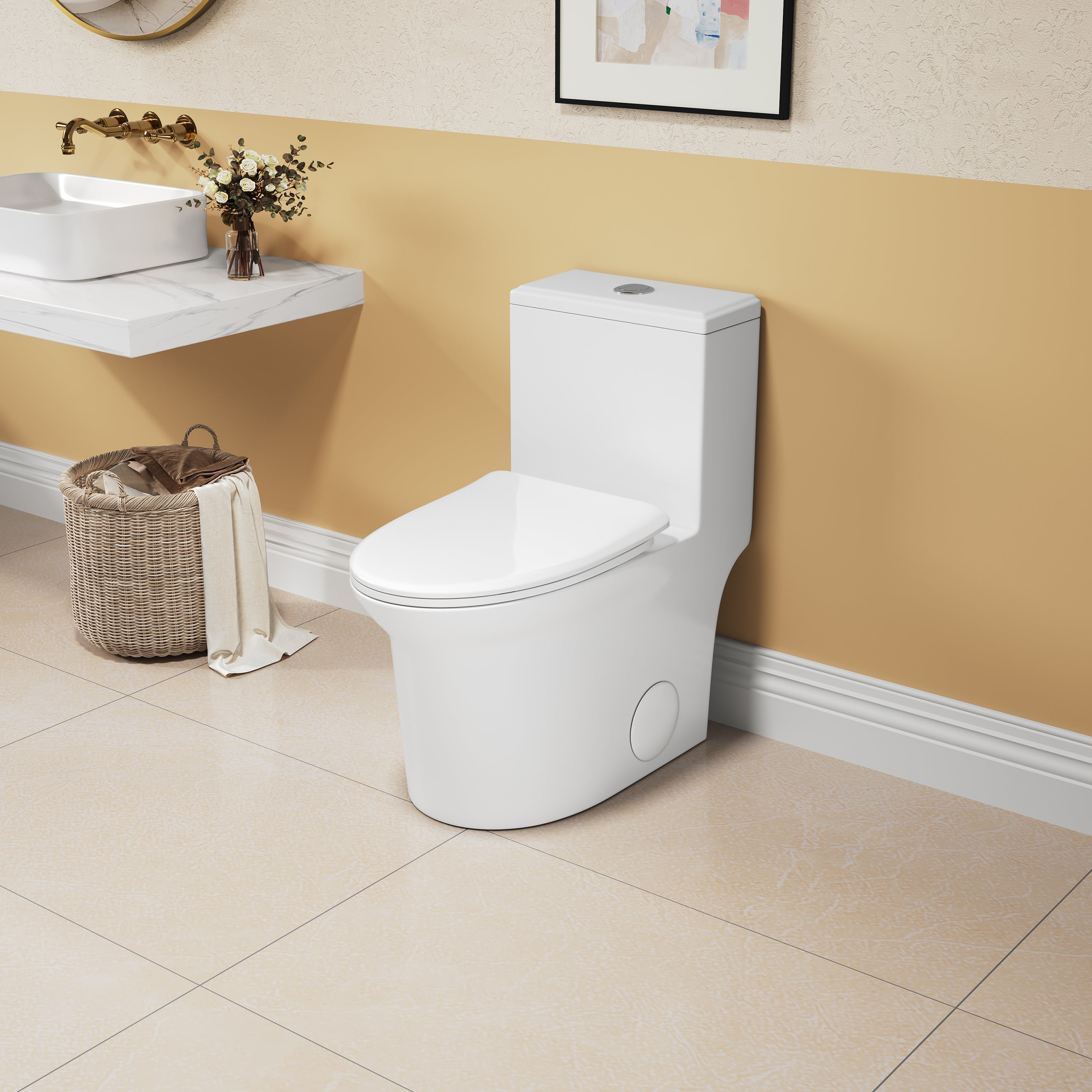 KZG elongated comfort height one-piece toilet in white ceramic with soft close seat — image 2
