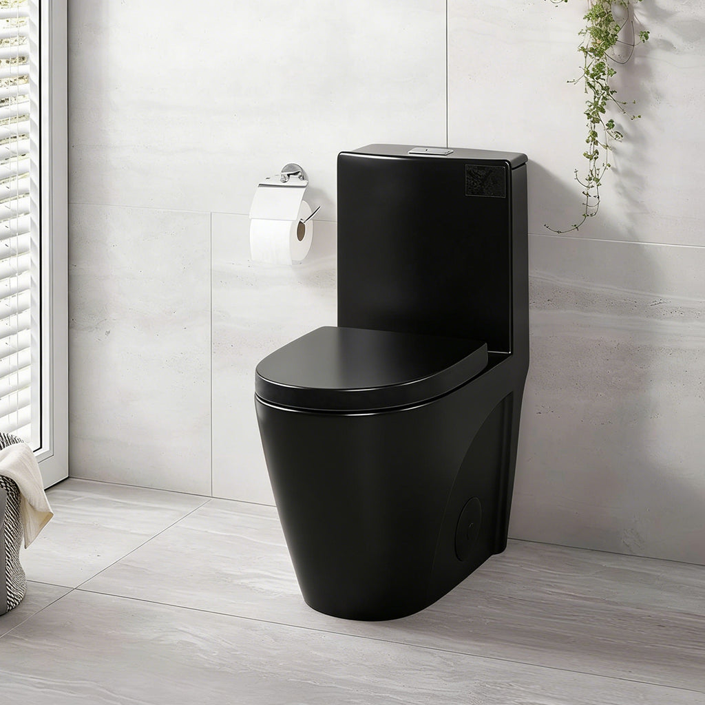 KZG one-piece black ceramic toilet with elongated comfort height bowl and soft-closing seat — image 2