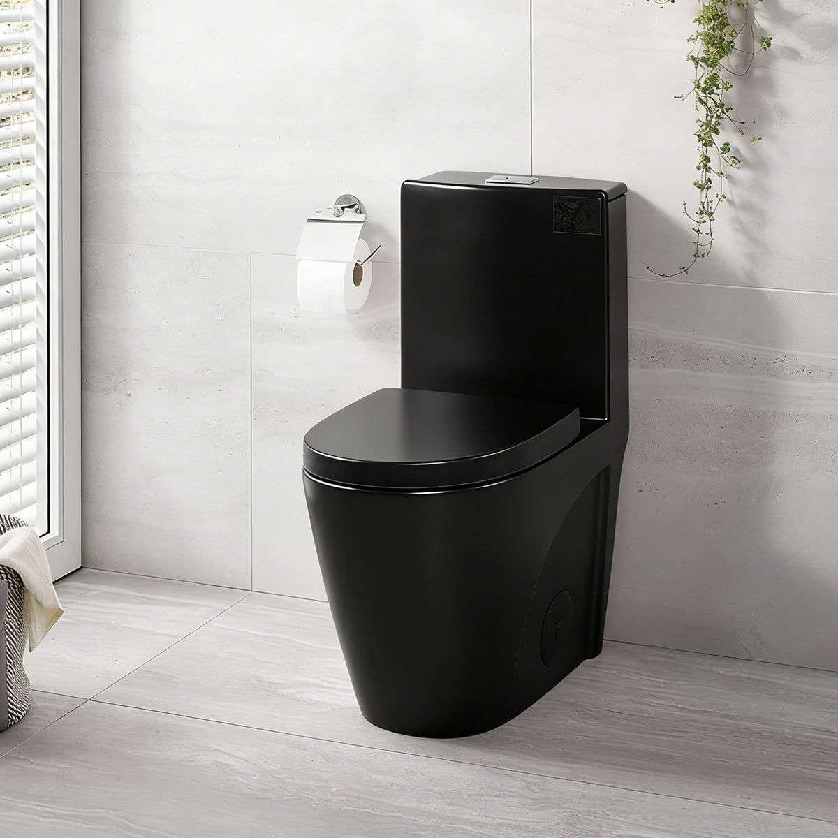 KZG one-piece black ceramic toilet with elongated comfort height bowl and soft-closing seat — image 2