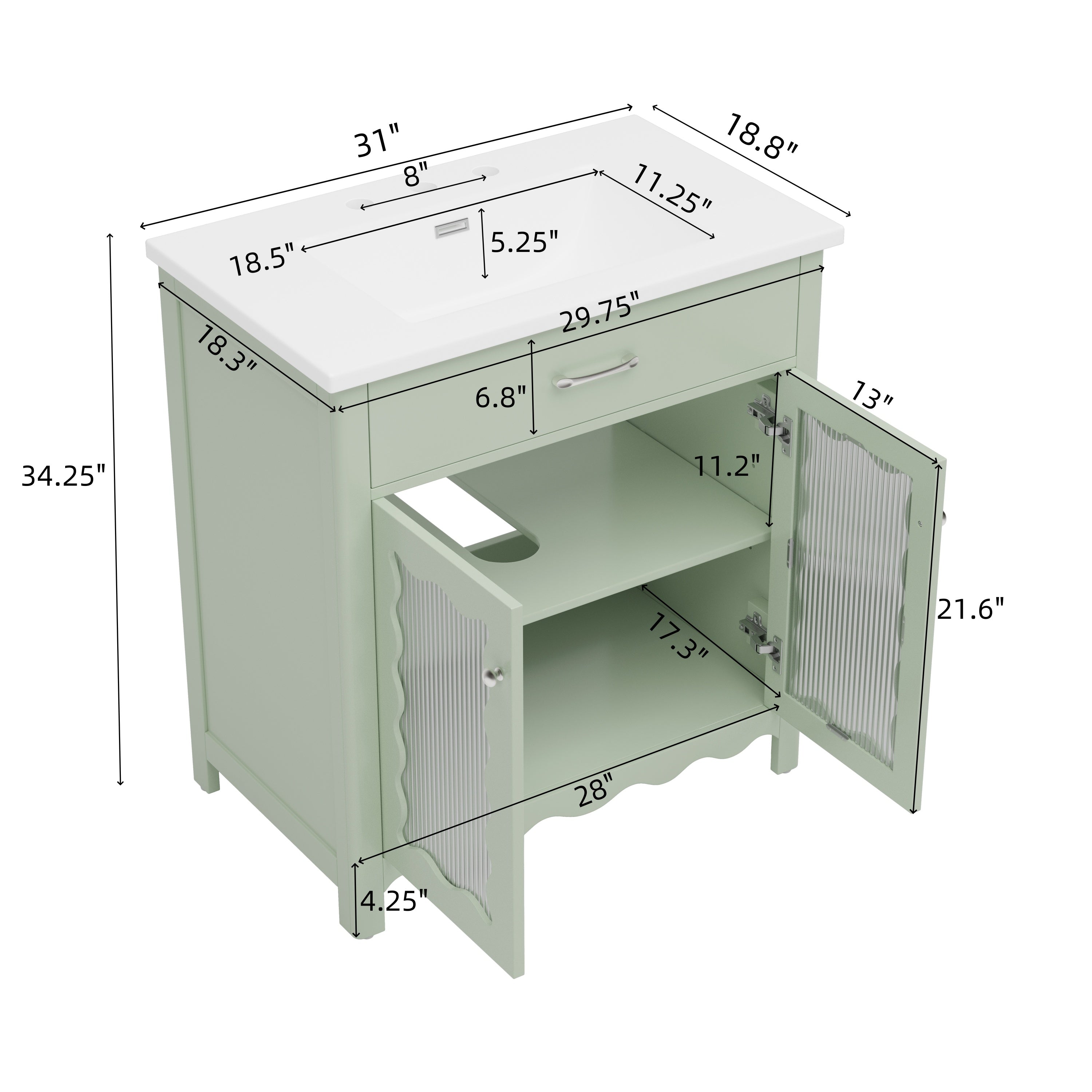 KZG modern green bathroom vanity 31 in. with tempered glass doors and rubber wood legs — image 3