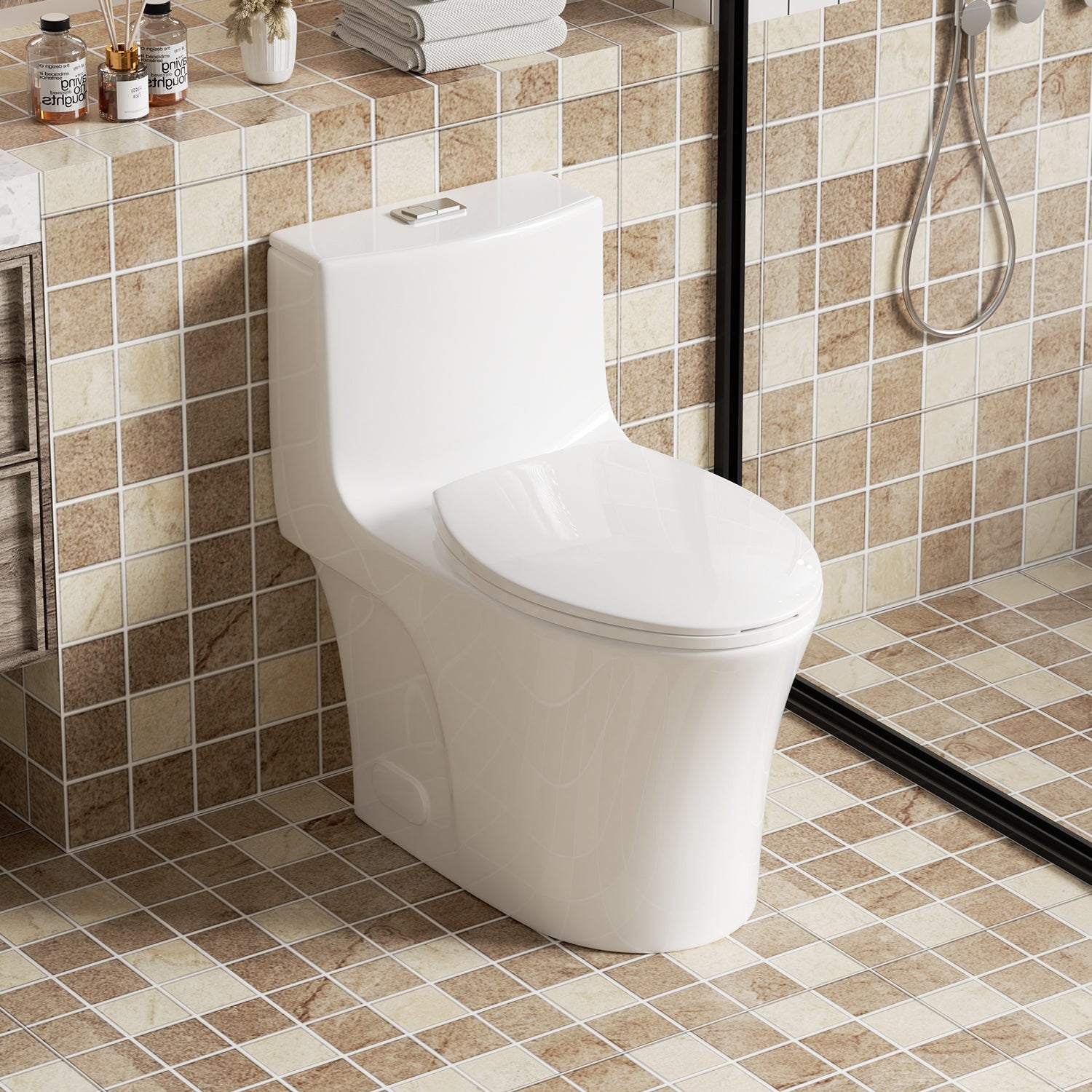KZG glossy white one-piece toilet with dual flush and soft-close seat — image 2