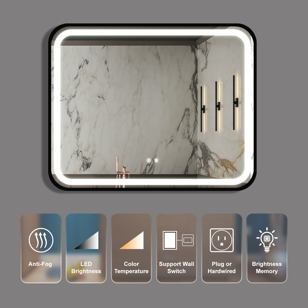 KZG 40x32 inch black metal frame LED vanity mirror with dimmable touch control and adjustable color temperature — image 3