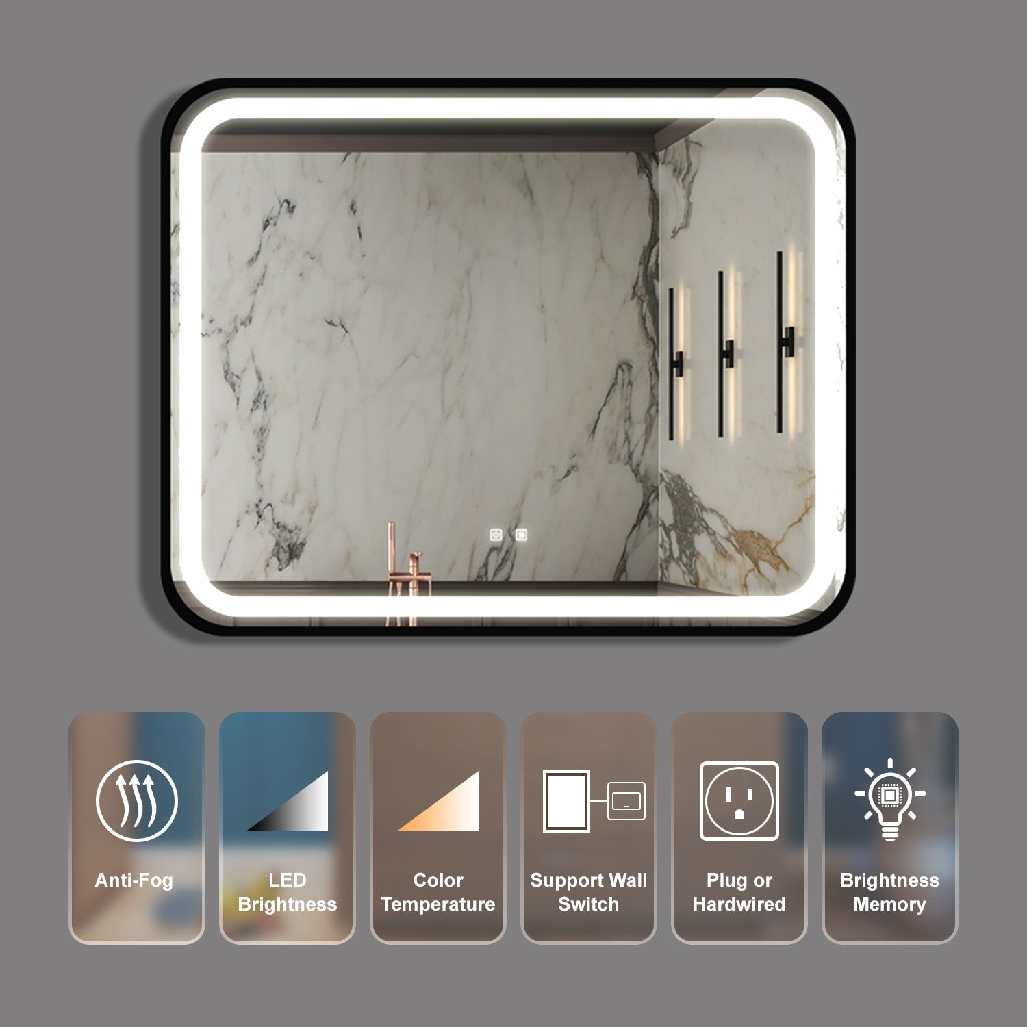 KZG 40x32 inch black metal frame LED vanity mirror with dimmable touch control and adjustable color temperature — image 3