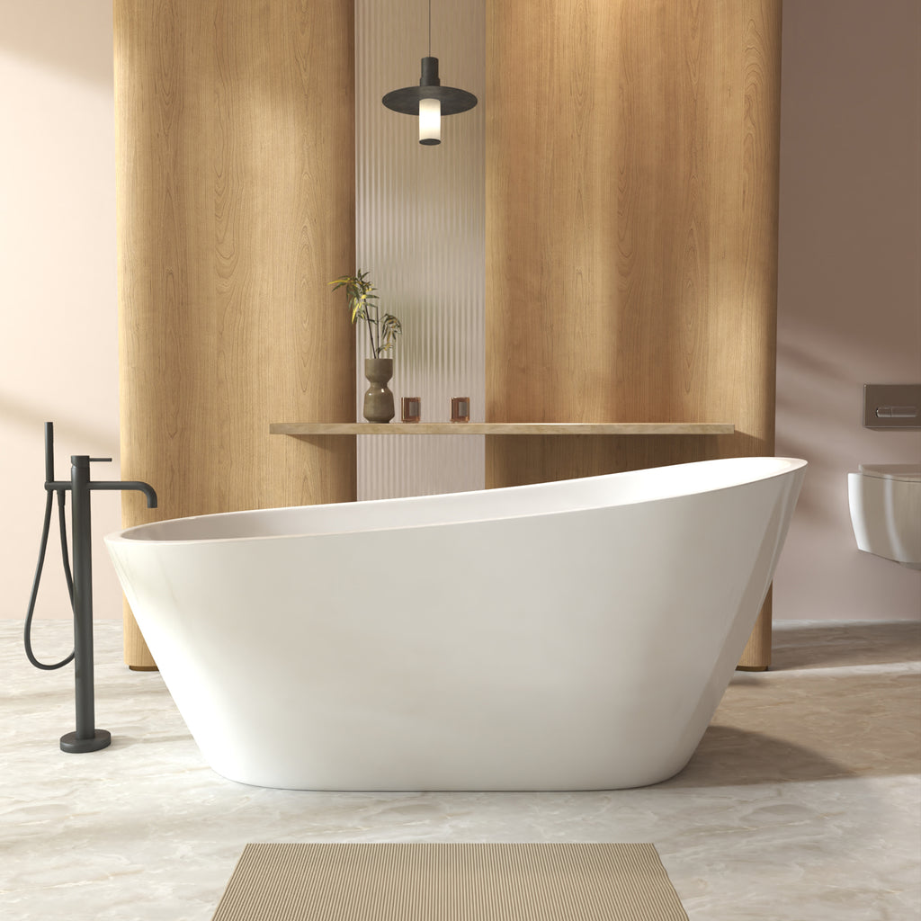 KZG 59 in. freestanding slipper soaking tub in gloss white acrylic with chrome overflow and pop-up drain — image 4