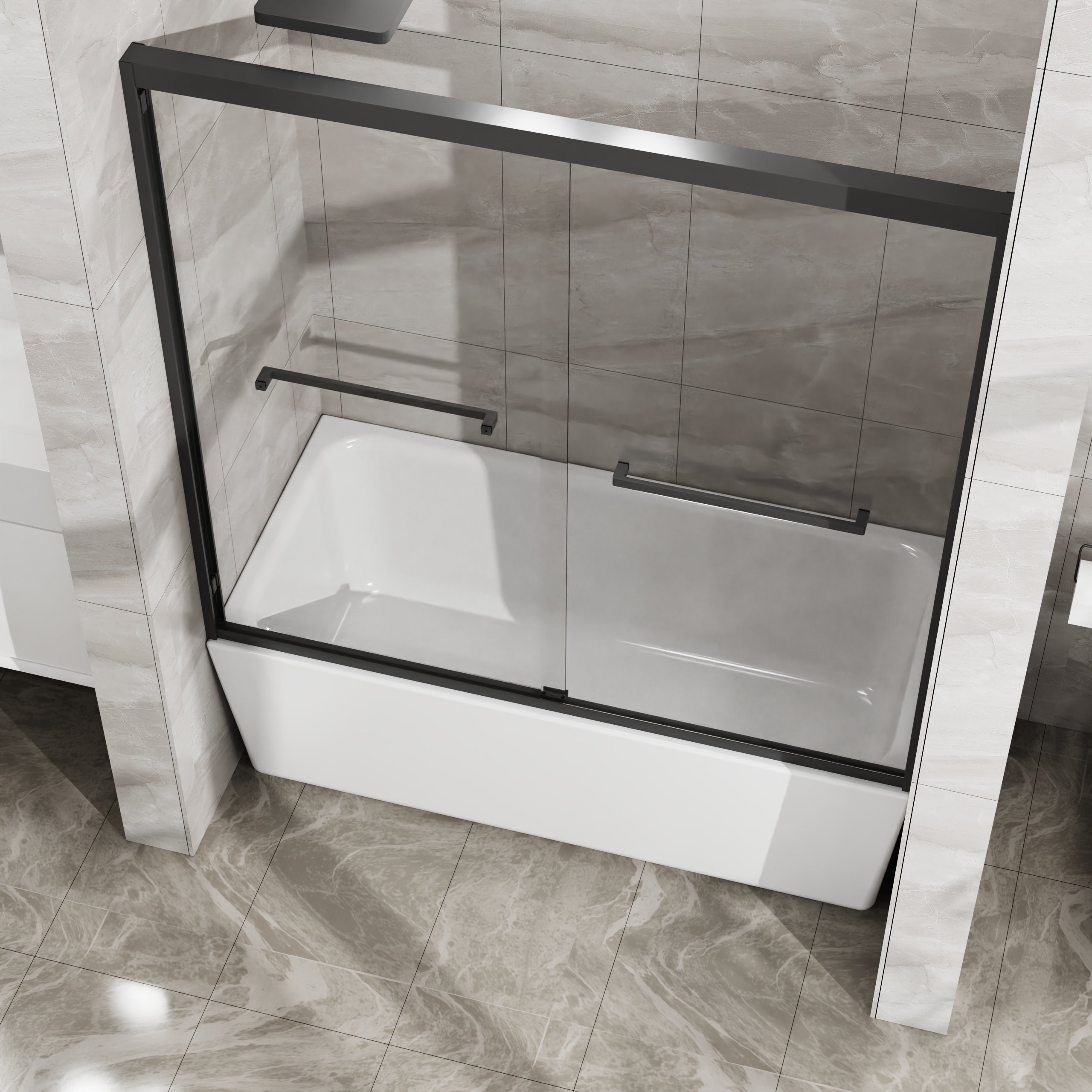 Matte black sliding shower door with clear tempered glass, 60 × 58 in. — image 6