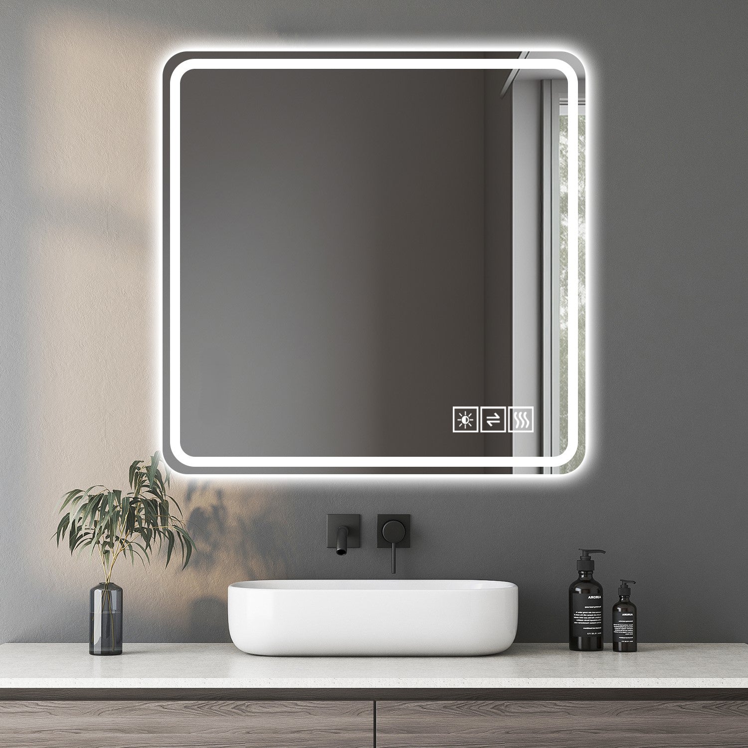 Dimmable LED bathroom mirror with anti-fog silver glass — 36 in. square — image 2
