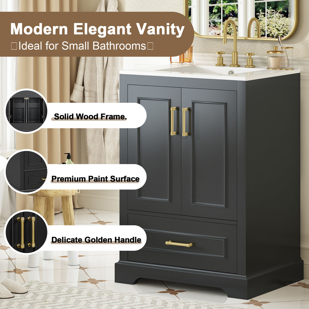 KZG 24-inch modern black bathroom vanity with ceramic sink and soft-close doors — image 7