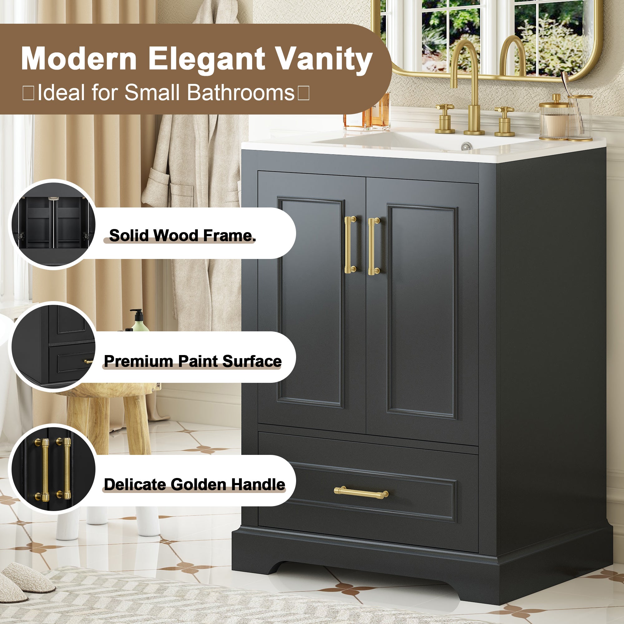 KZG 24-inch modern black bathroom vanity with ceramic sink and soft-close doors — image 7