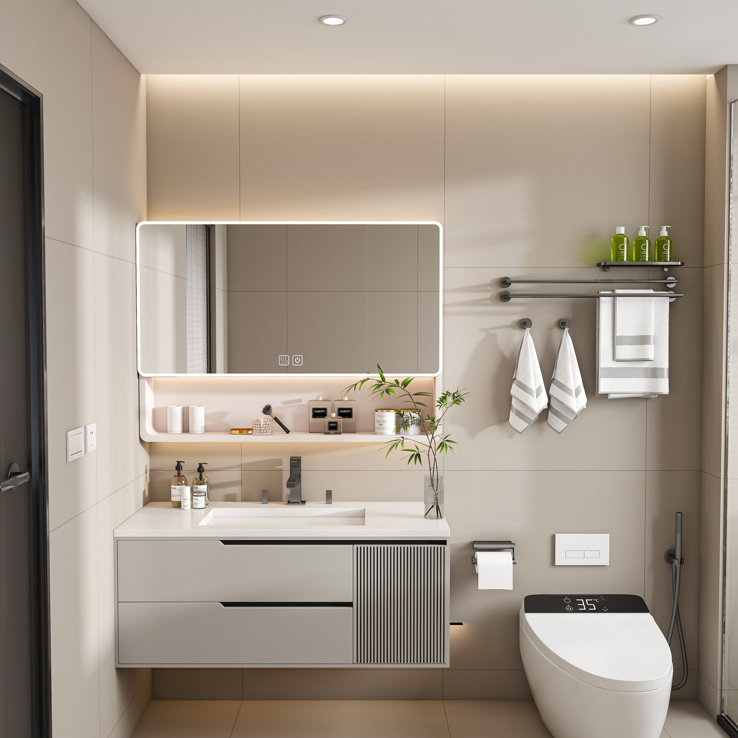 KZG 35 x 28 inch khaki aluminum LED medicine cabinet mirror with defogging function — image 2