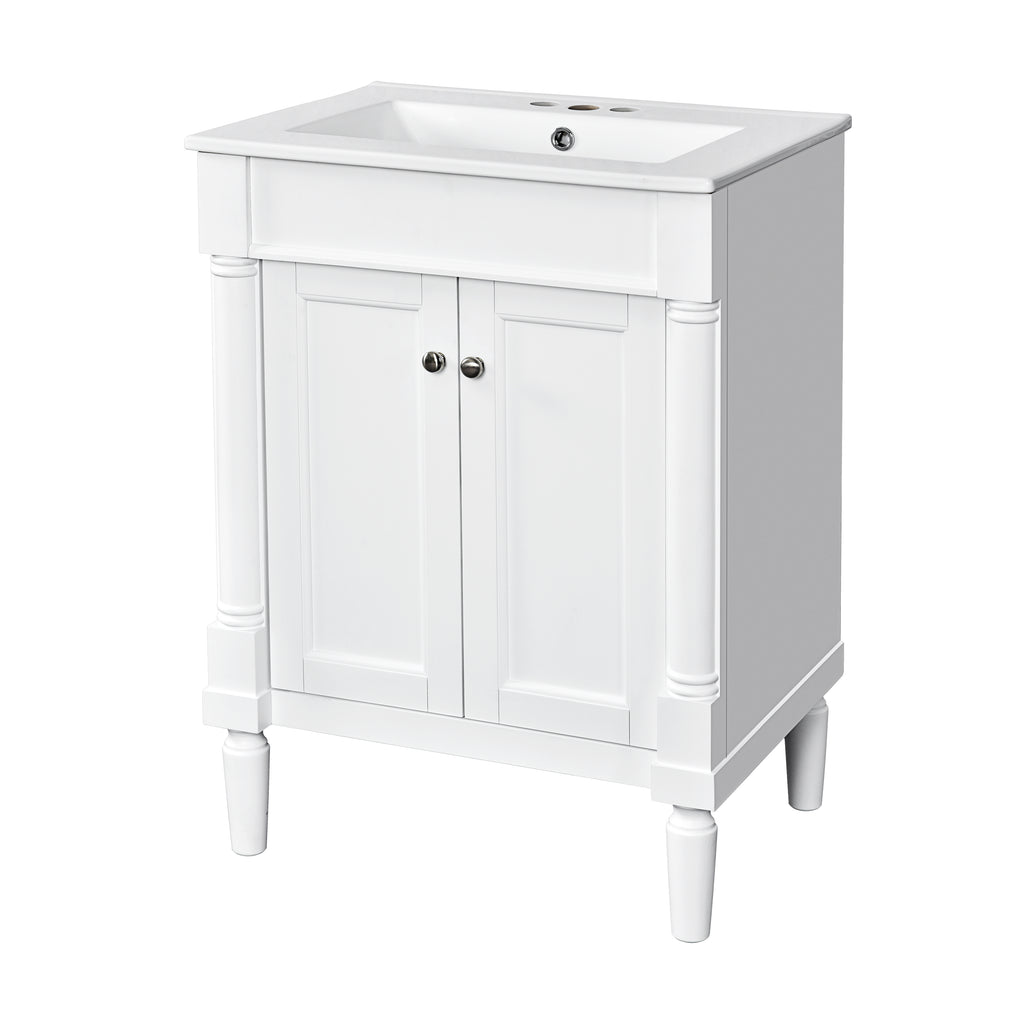 KZG modern 24 in. white bathroom vanity with ceramic basin and two-tier storage — image 1