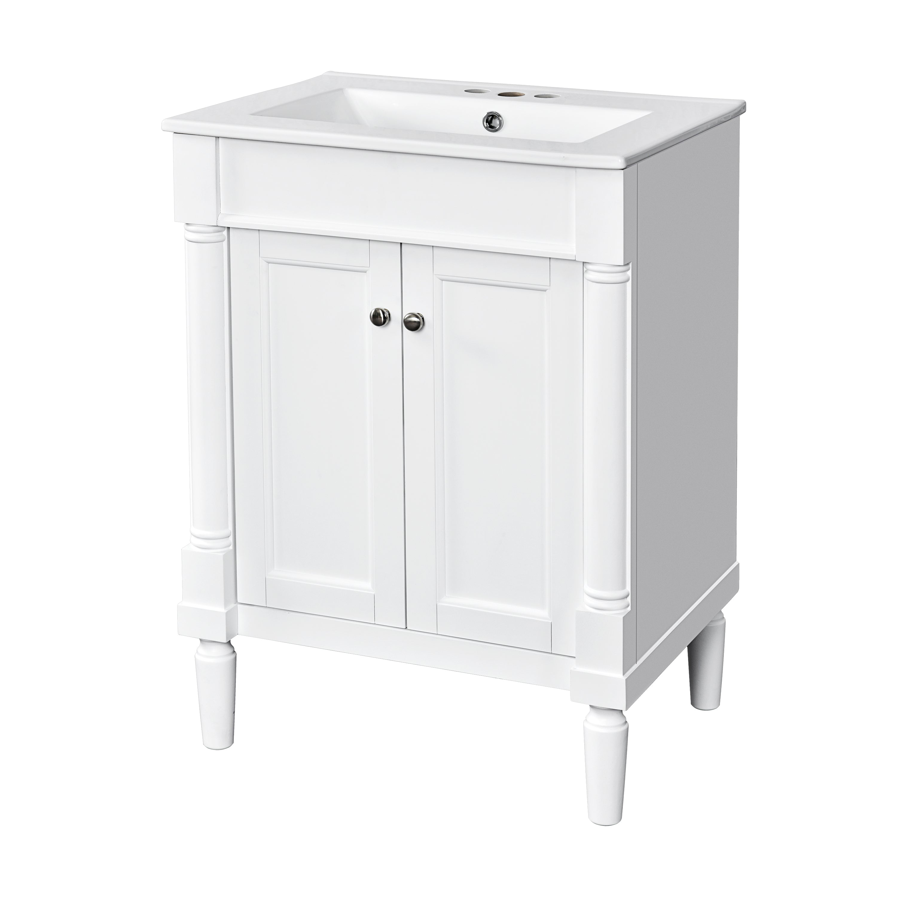 KZG modern 24 in. white bathroom vanity with ceramic basin and two-tier storage — image 1