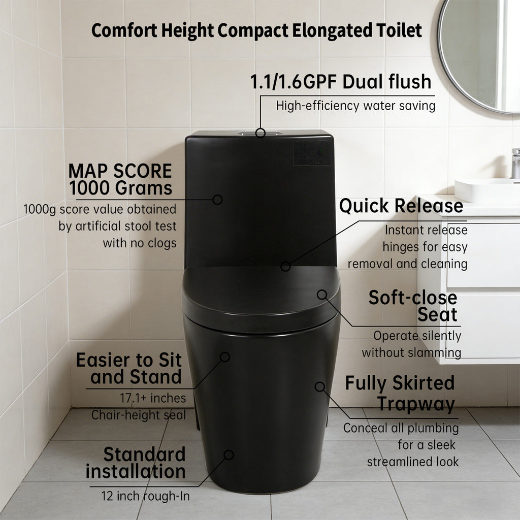 KZG one-piece black ceramic toilet with elongated comfort height bowl and soft-closing seat — image 4