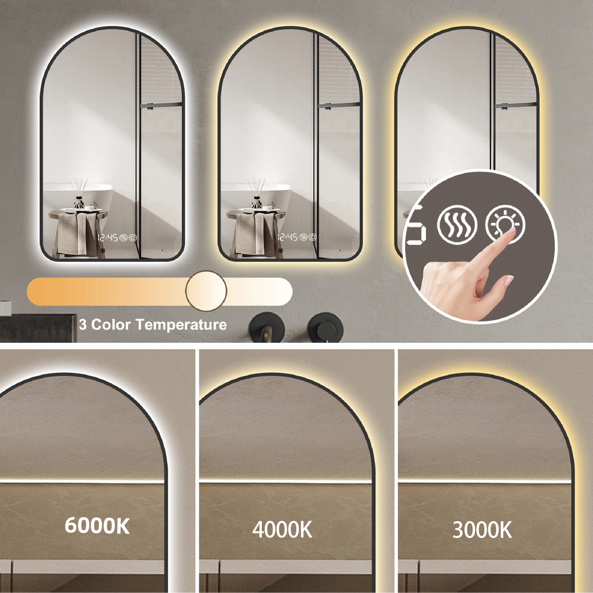 Black arched LED bathroom mirror with time and temperature display — image 7