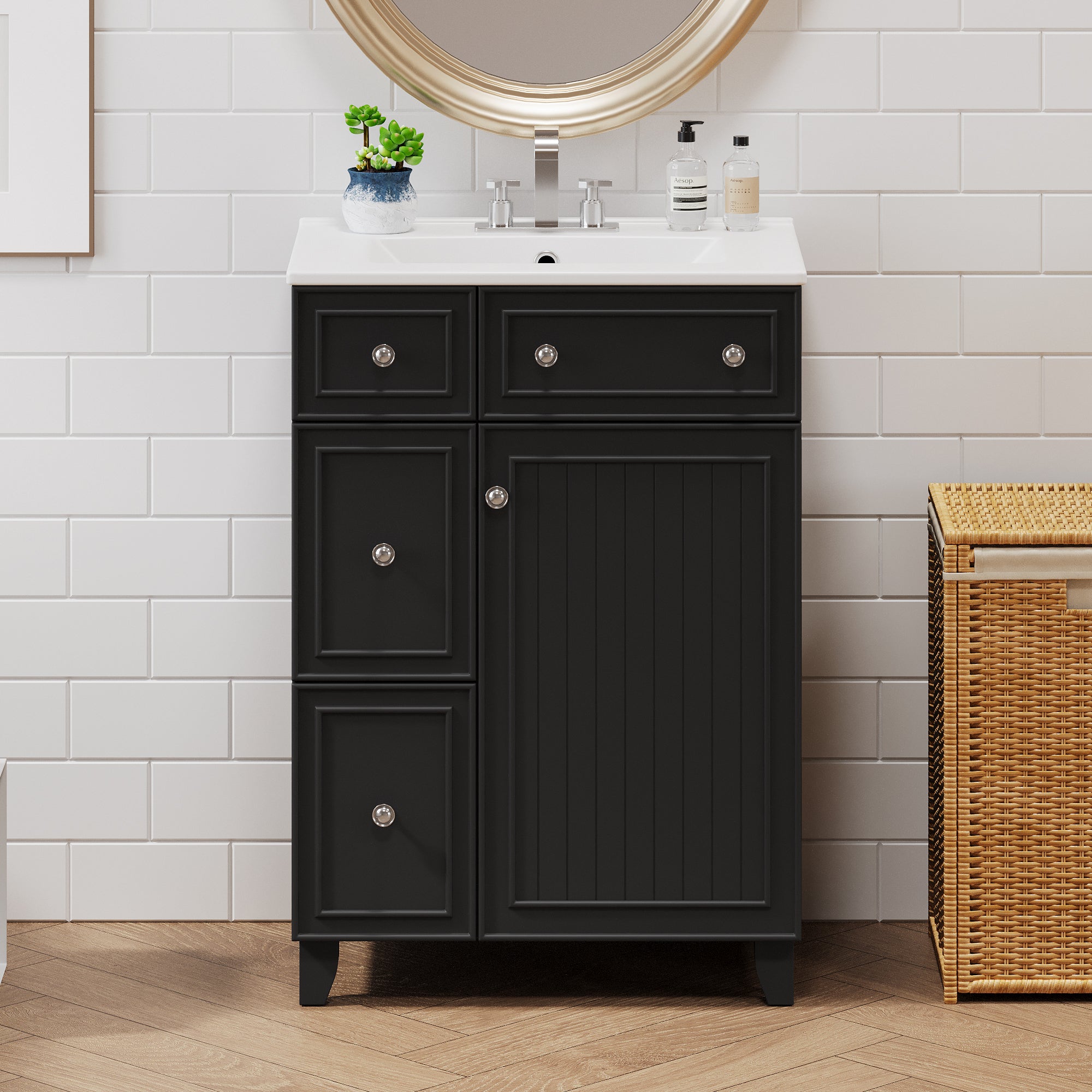 KZG 24-inch black transitional bathroom vanity cabinet with ceramic sink — image 2