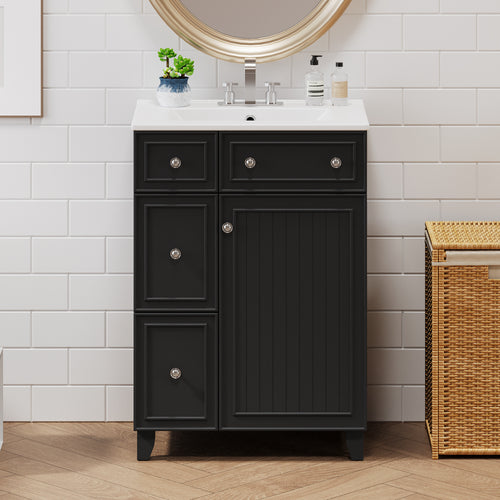 KZG 24-inch black transitional bathroom vanity cabinet with ceramic sink — image 2