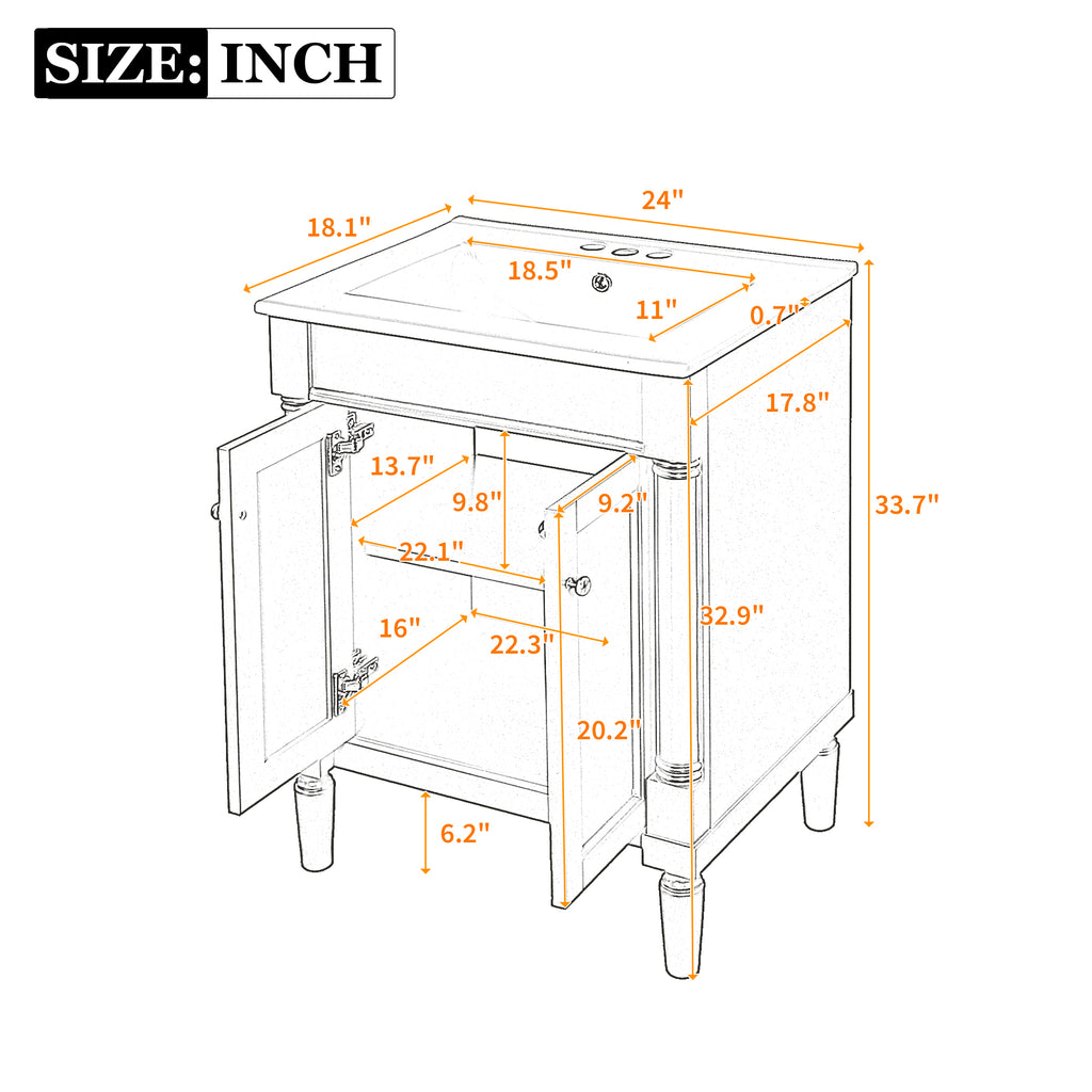 KZG modern 24 in. white bathroom vanity with ceramic basin and two-tier storage — image 3