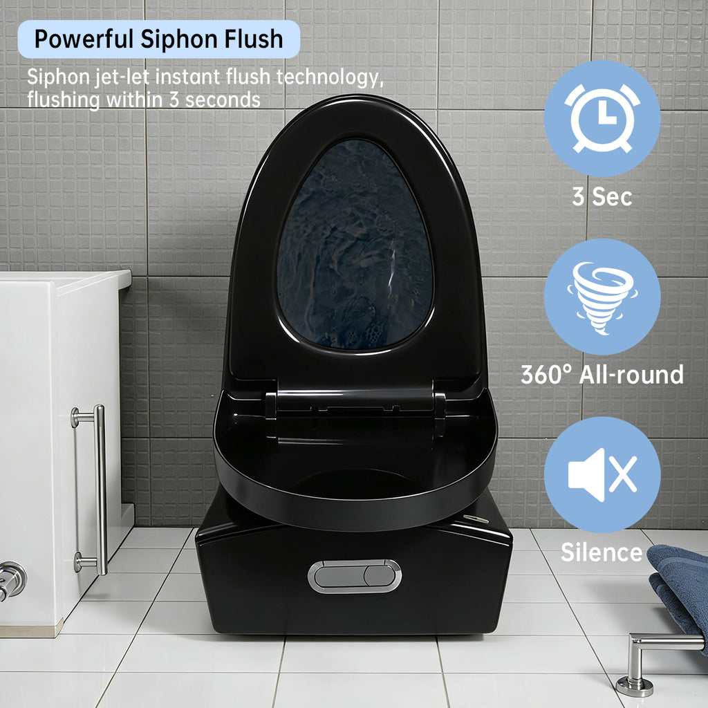 KZG one-piece black ceramic toilet with elongated comfort height bowl and soft-closing seat — image 5