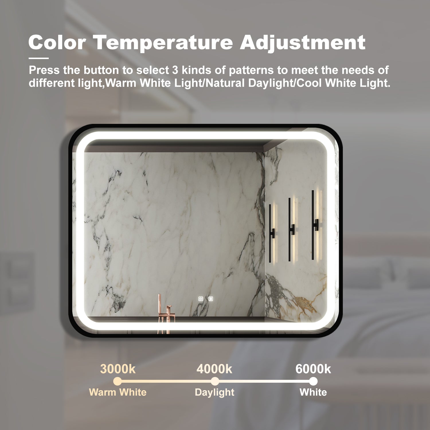 KZG 40x32 inch black metal frame LED vanity mirror with dimmable touch control and adjustable color temperature — image 4