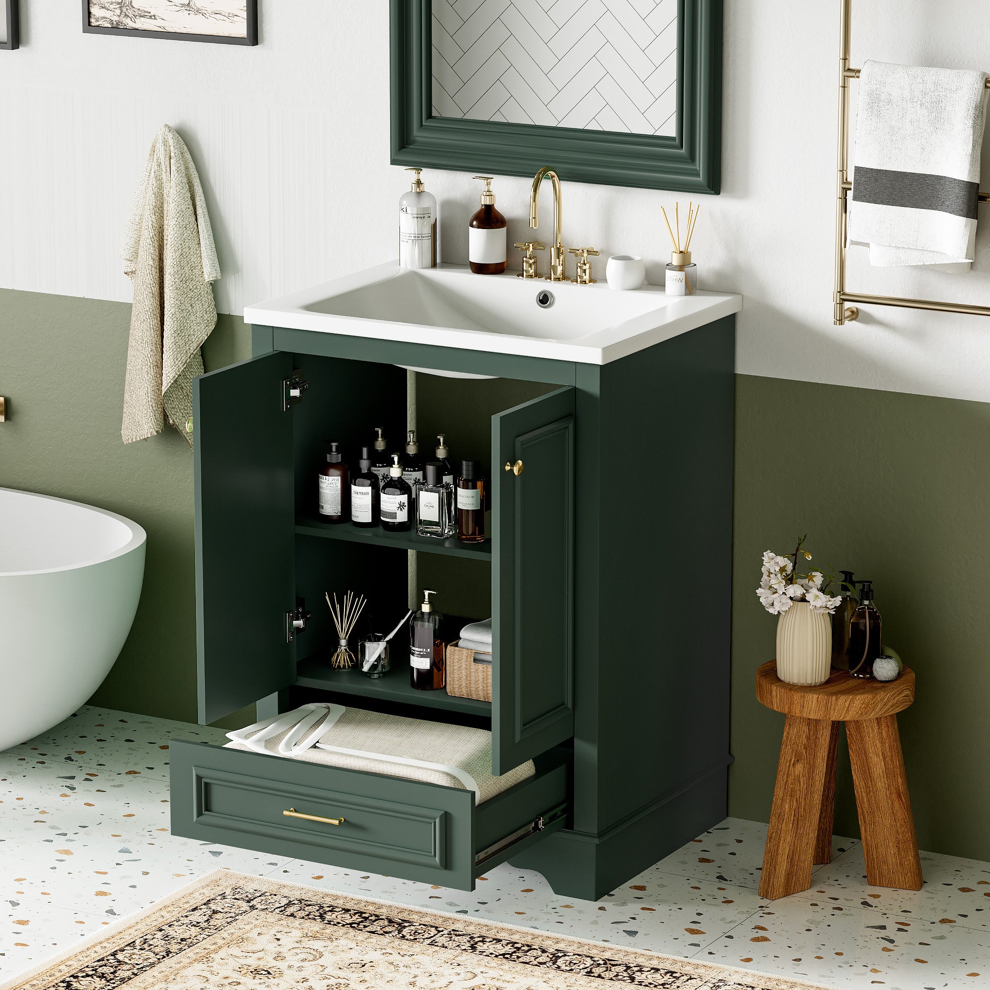 Green modern bathroom vanity with ceramic sink, silver handles, soft-close doors — image 6