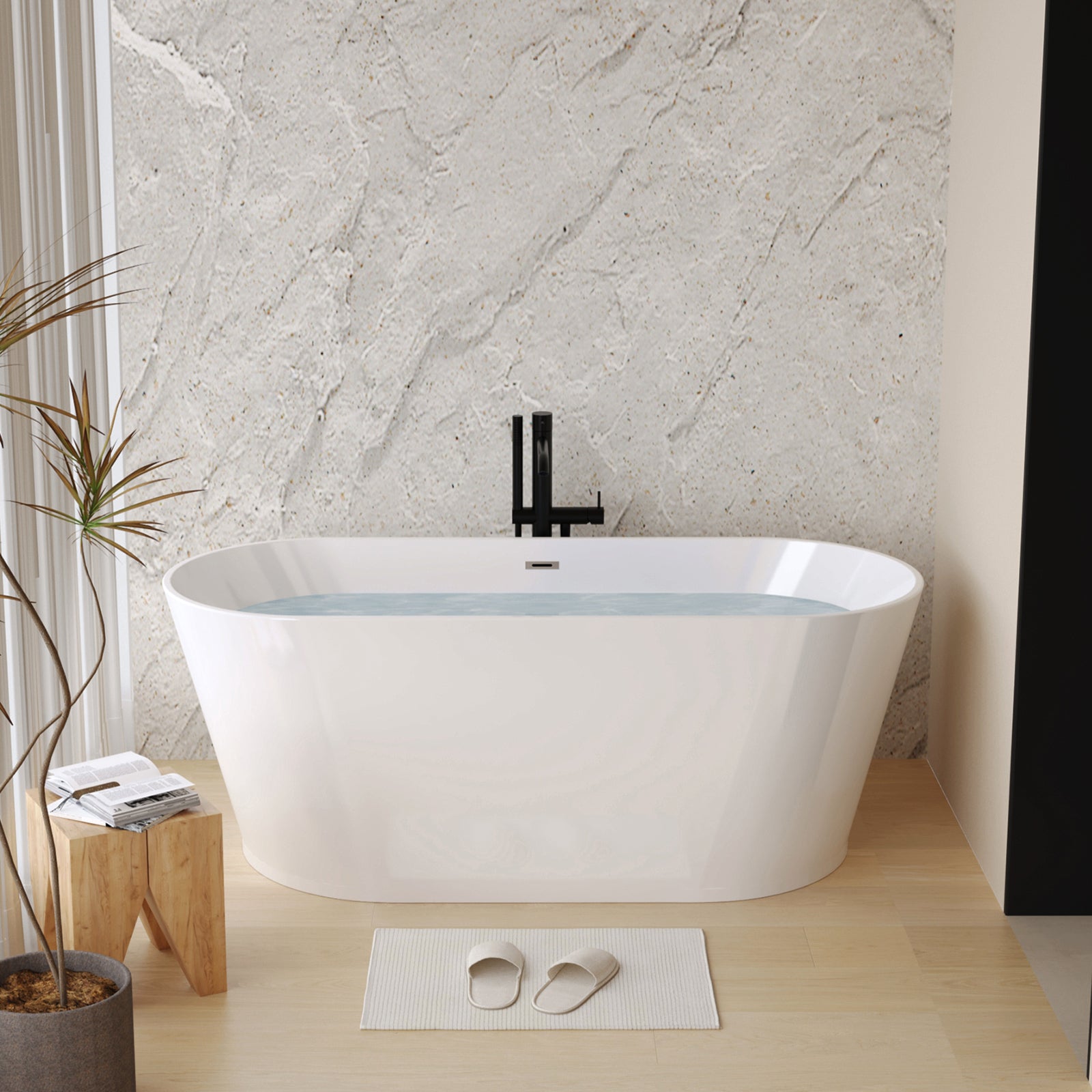 KZG 67-inch glossy white acrylic freestanding soaking bathtub with chrome toe-tap drain — image 2