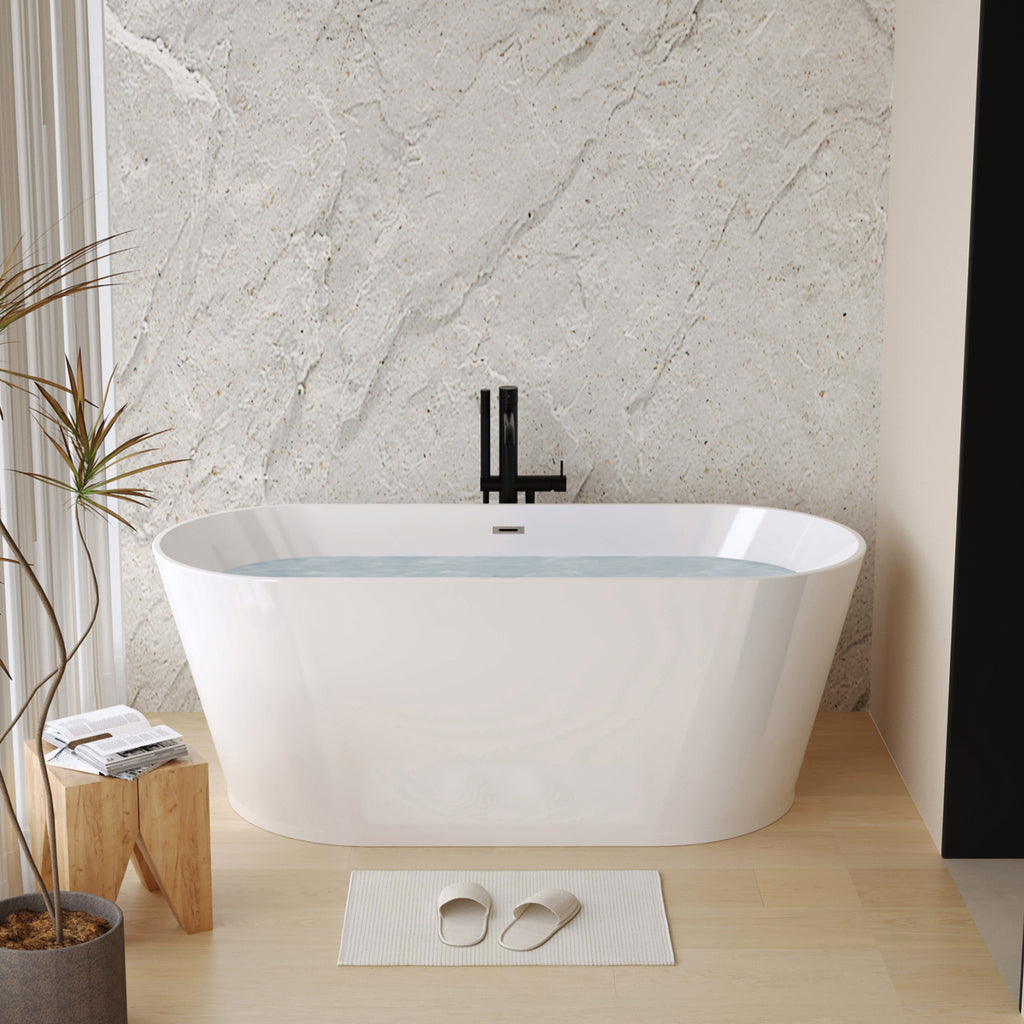 KZG 55 in. glossy white acrylic freestanding soaking tub with chrome drain — image 2